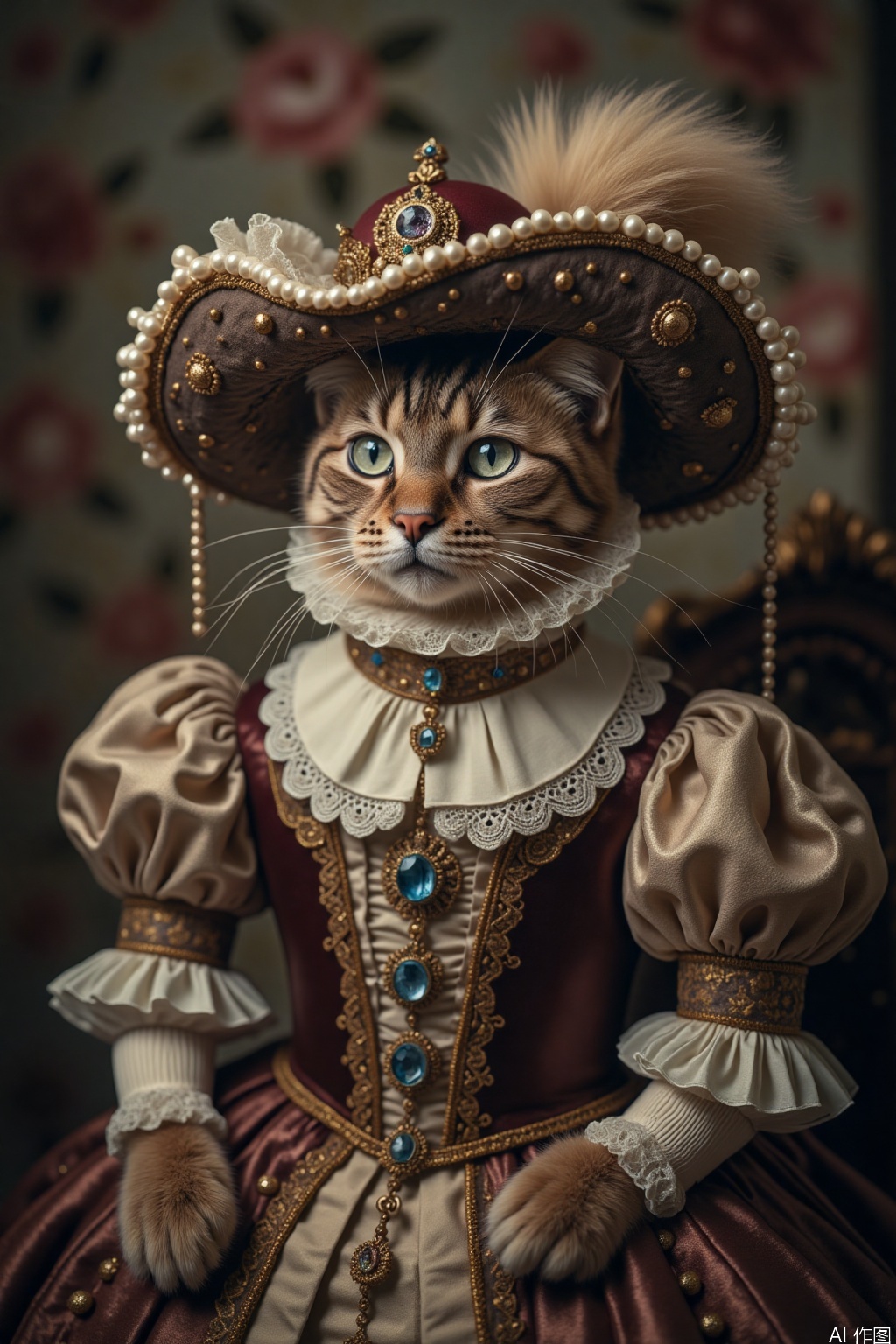 The image depicts a cat dressed in an elaborate, historical-style outfit. The cat is wearing a large, ornate hat adorned with pearls and a jeweled crown. The outfit includes a lace collar, a brown bodice with gold embroidery and a central blue gemstone, and puffed sleeves. The background features a floral pattern with muted colors, complementing the vintage aesthetic of the attire. The overall composition suggests a whimsical, artistic portrayal of a regal feline.
