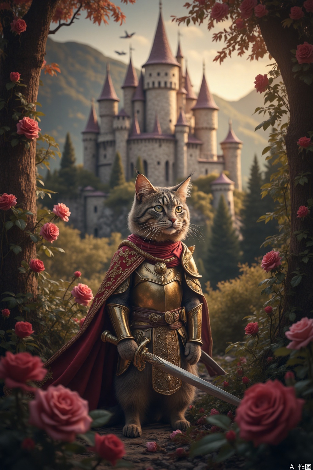 maomaoren,Animal Focus,cat,photo, realistic,solo,In his magnificent gold armor, his little crown, his cloak fluttering in the wind. It stood in front of a magnificent fairy-tale castle whose walls were covered with roses. With a sword in his hand and a firm look in his eyes, the cat guards the mystery and peace of the castle,masterpiece,best quality,photorealistic,8K,solo,ultra-detailed,highres,High-Resolution Beauty,Unparalleled Artistic Quality,