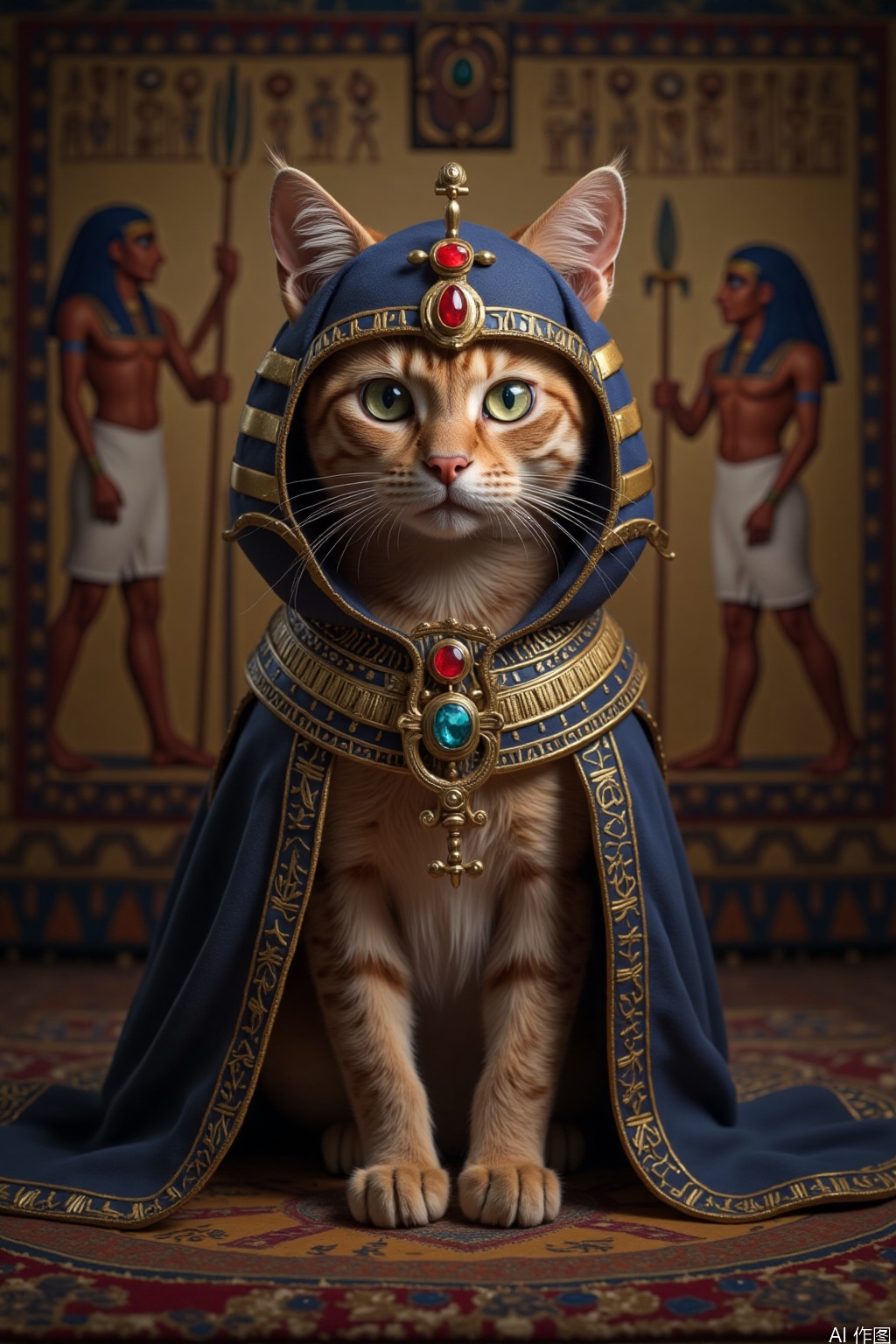 The image depicts a digitally rendered cat dressed in an elaborate Egyptian-themed costume. The cat is adorned with a headdress featuring a red jewel at the center, gold stripes, and a blue cloak with gold embroidery. The cat's eyes are striking, with a vivid green color. The background consists of a richly decorated tapestry with ancient Egyptian scenes, including figures in traditional attire and hieroglyphics. The setting appears to be a stage or studio environment, with the cat sitting on a patterned fabric that complements the overall theme.