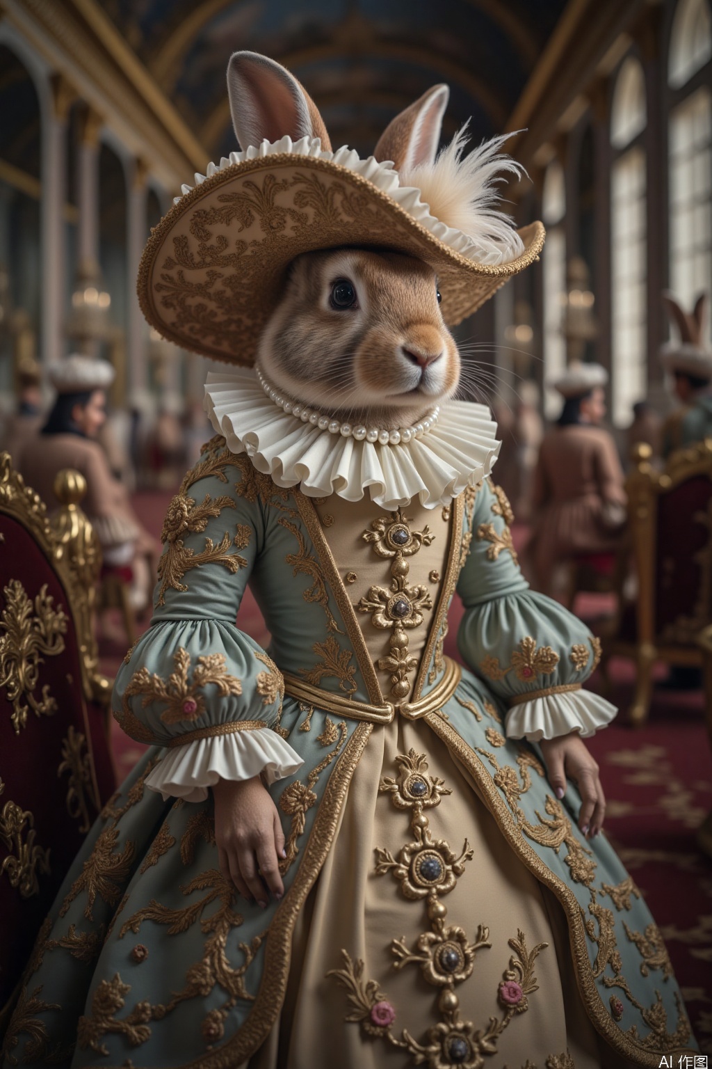 A rabbit dressed in Rococo-style attire, wearing a feathered wide-brimmed hat and pearl necklace. Clothing features intricate embroidery patterns. Background is the Hall of Mirrors at Versailles.
