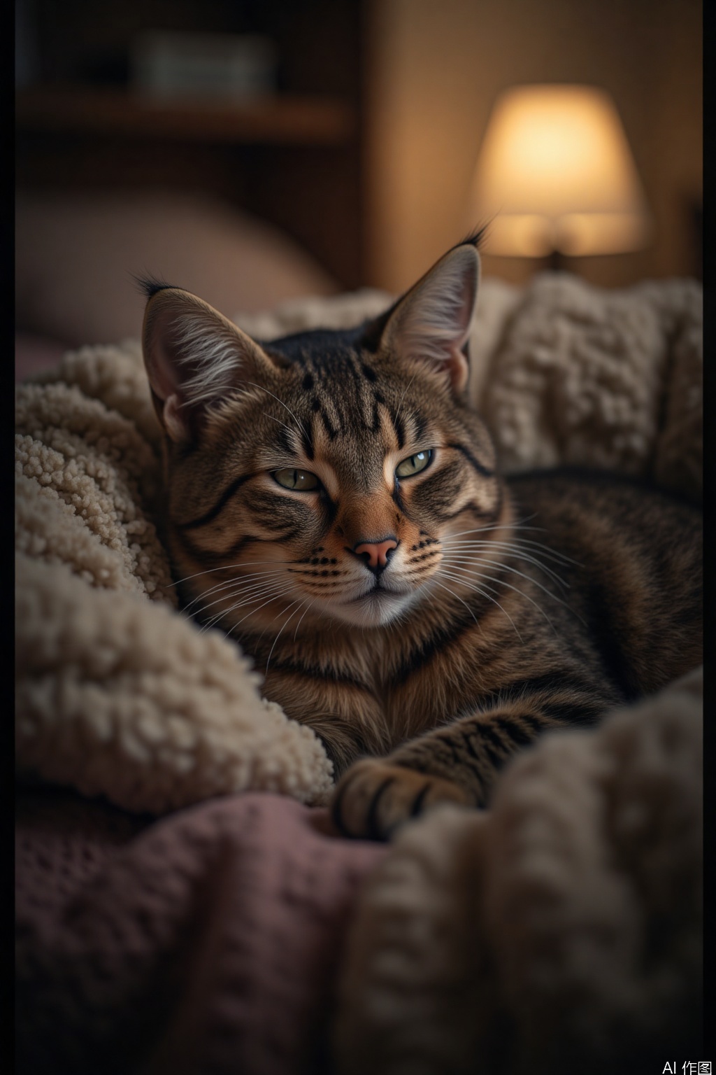 A serene cat sleeps peacefully, surrounded by a warm and cozy atmosphere. Framed against a soft-focus background, the feline's gentle features are illuminated by a single, gentle light source, casting a subtle glow on its whiskers and nose. The camera captures the tender moment with precision, showcasing the subject's relaxed pose, as it nestles into a plush cushion.