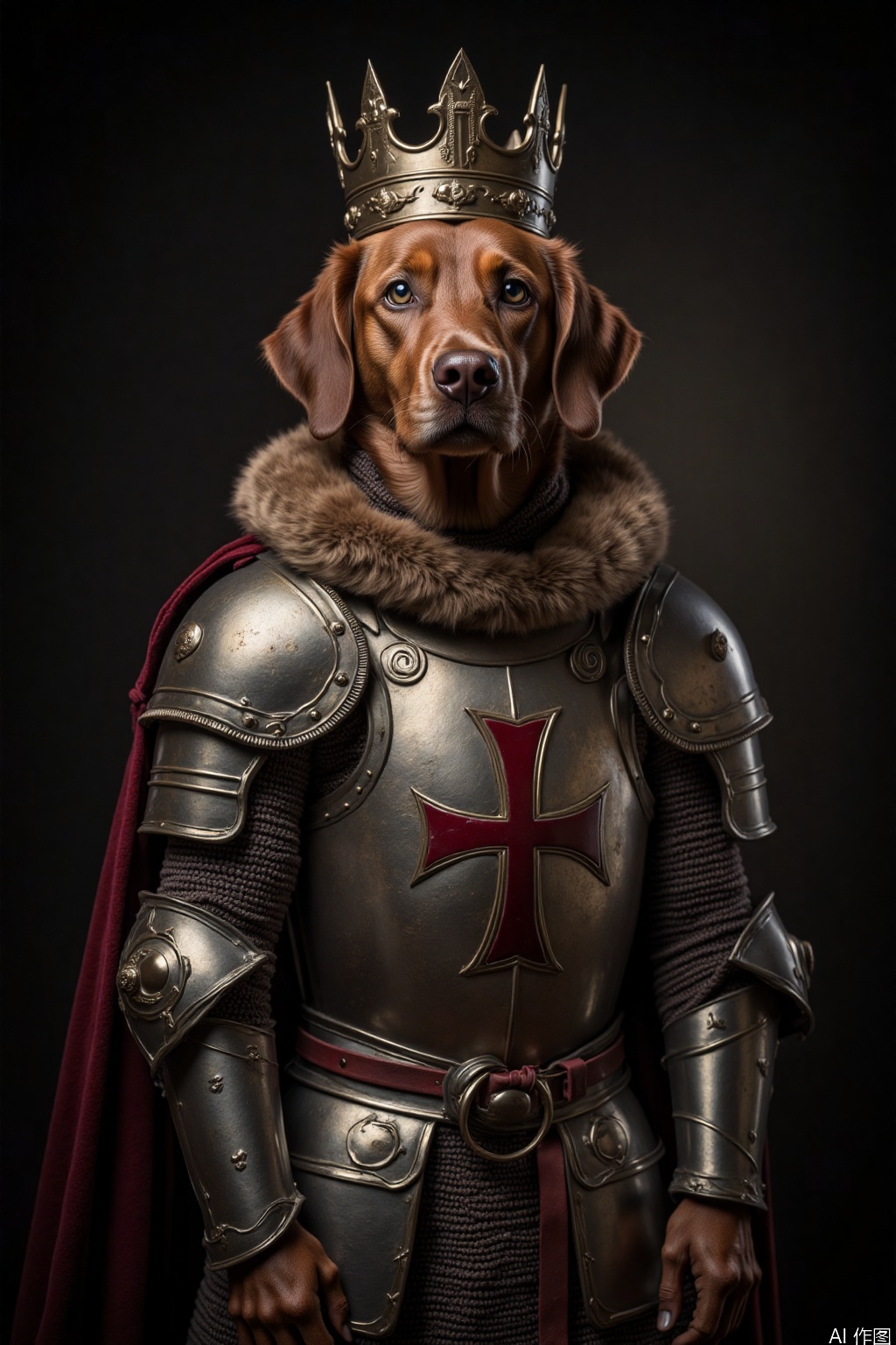 The image depicts a dog dressed in elaborate medieval-style armor, complete with a crown and a detailed breastplate featuring a cross emblem. The armor is metallic and intricately designed, with a fur-lined collar adding to the regal appearance. The background is dark and plain, which helps to highlight the dog and its detailed attire. The dog's expression is calm and composed, contributing to the overall regal and dignified atmosphere of the scene.
