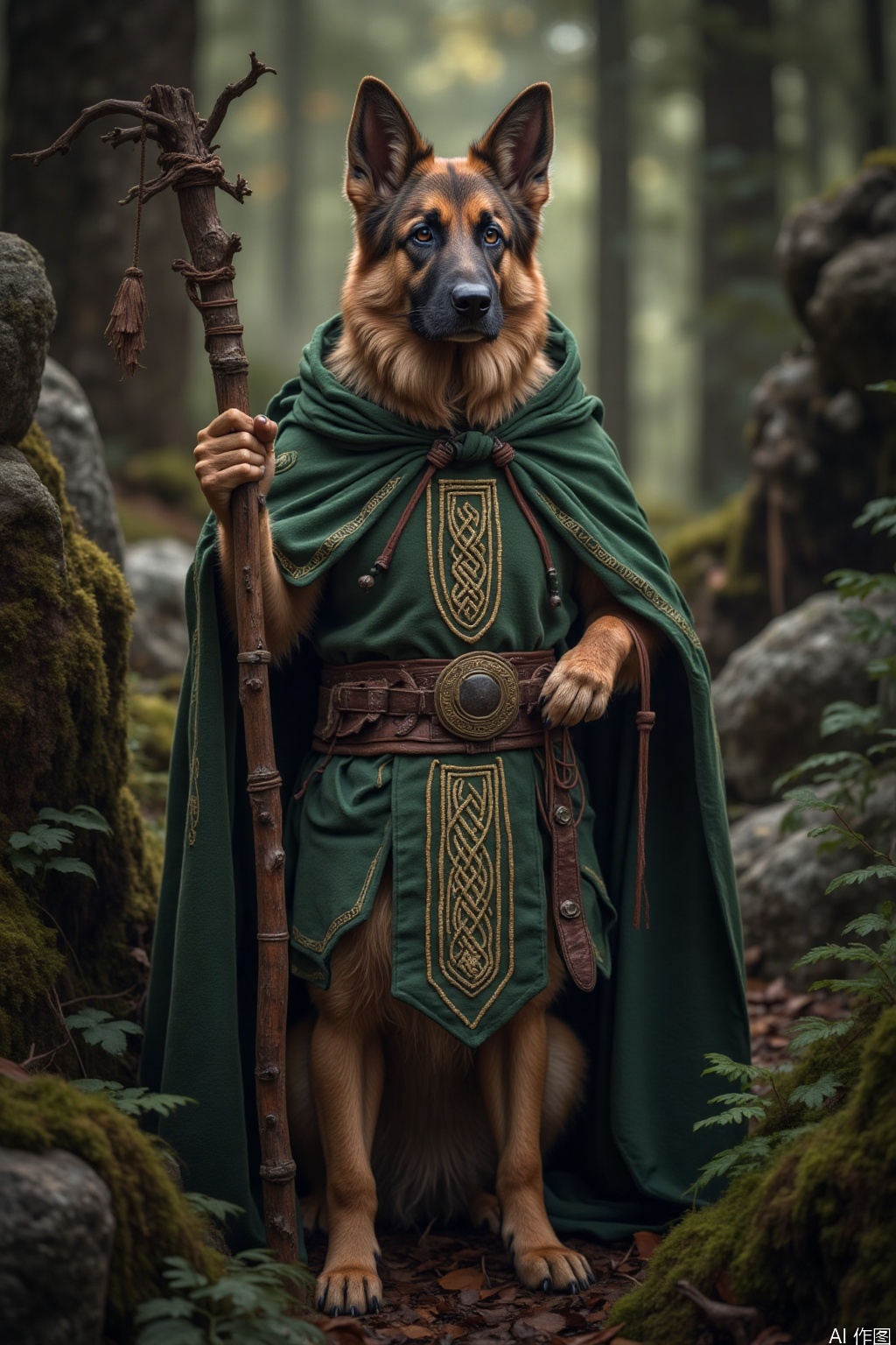 A German Shepherd dressed as a Celtic Druid, draped in a green cloak, holding an oak staff. The clothing is embroidered with Celtic knots and runes, with a backdrop of stone formations and forests.