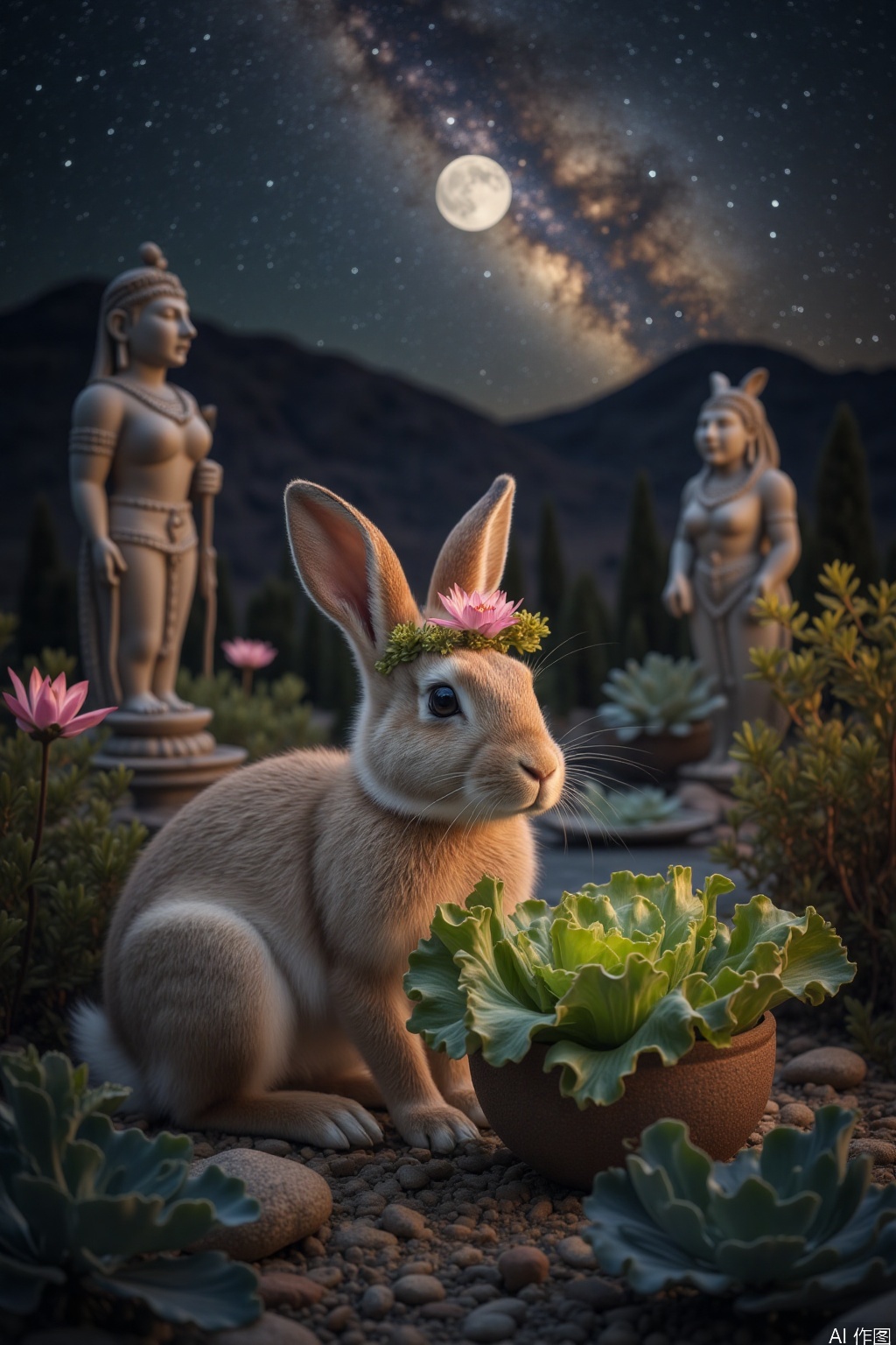 A rabbit wearing a lotus-flower crown, its ears pierced with tiny golden Hathor earrings. It nibbles on a lettuce offering in a moonlit garden, surrounded by statues of fertility deities and pools reflecting the Milky Way.