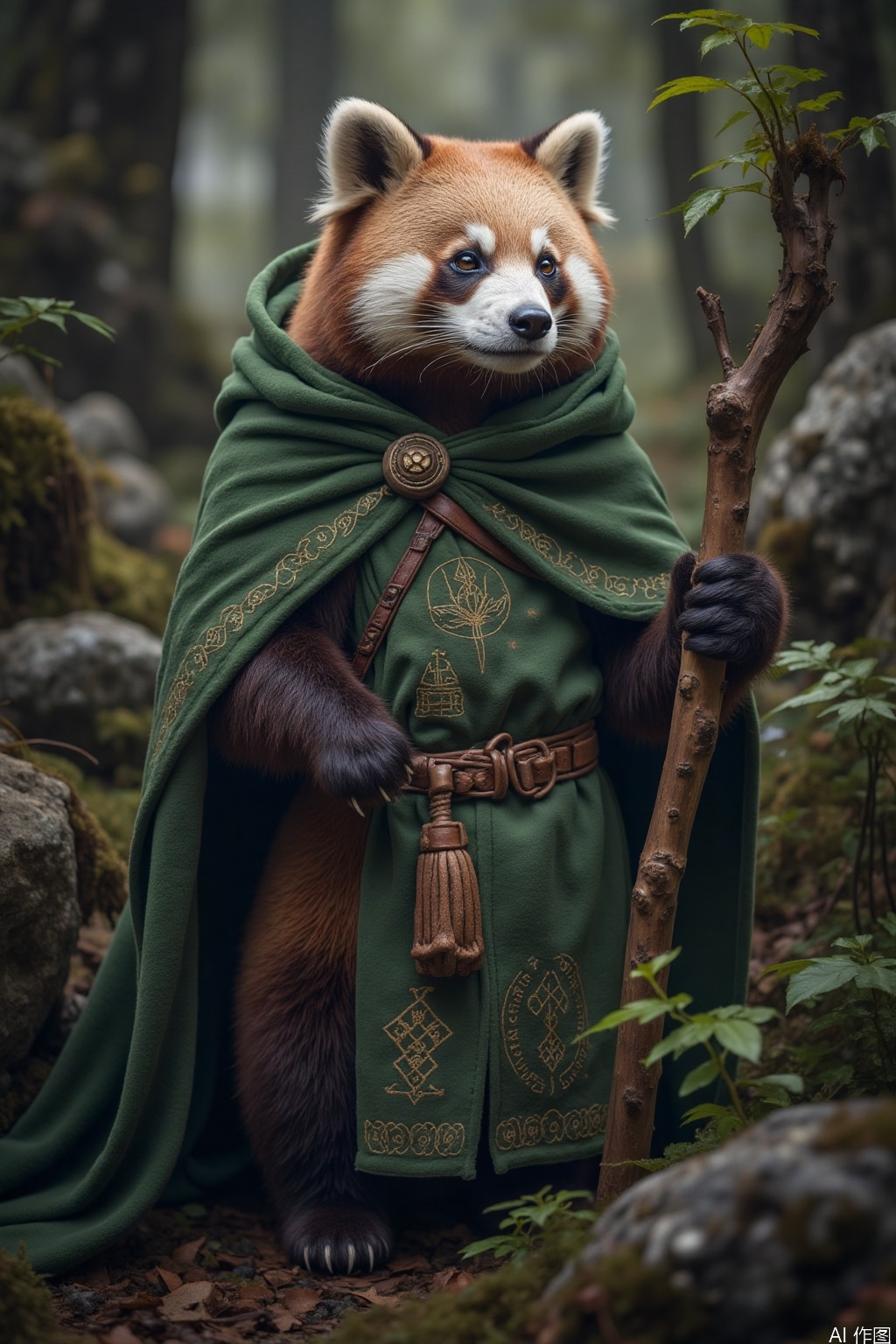 A cute giant panda dressed up as a Celtic Druid, draped in a green cloak, holding an oak staff. The clothing is embroidered with Celtic knots and runes, with a backdrop of stone formations and forests.