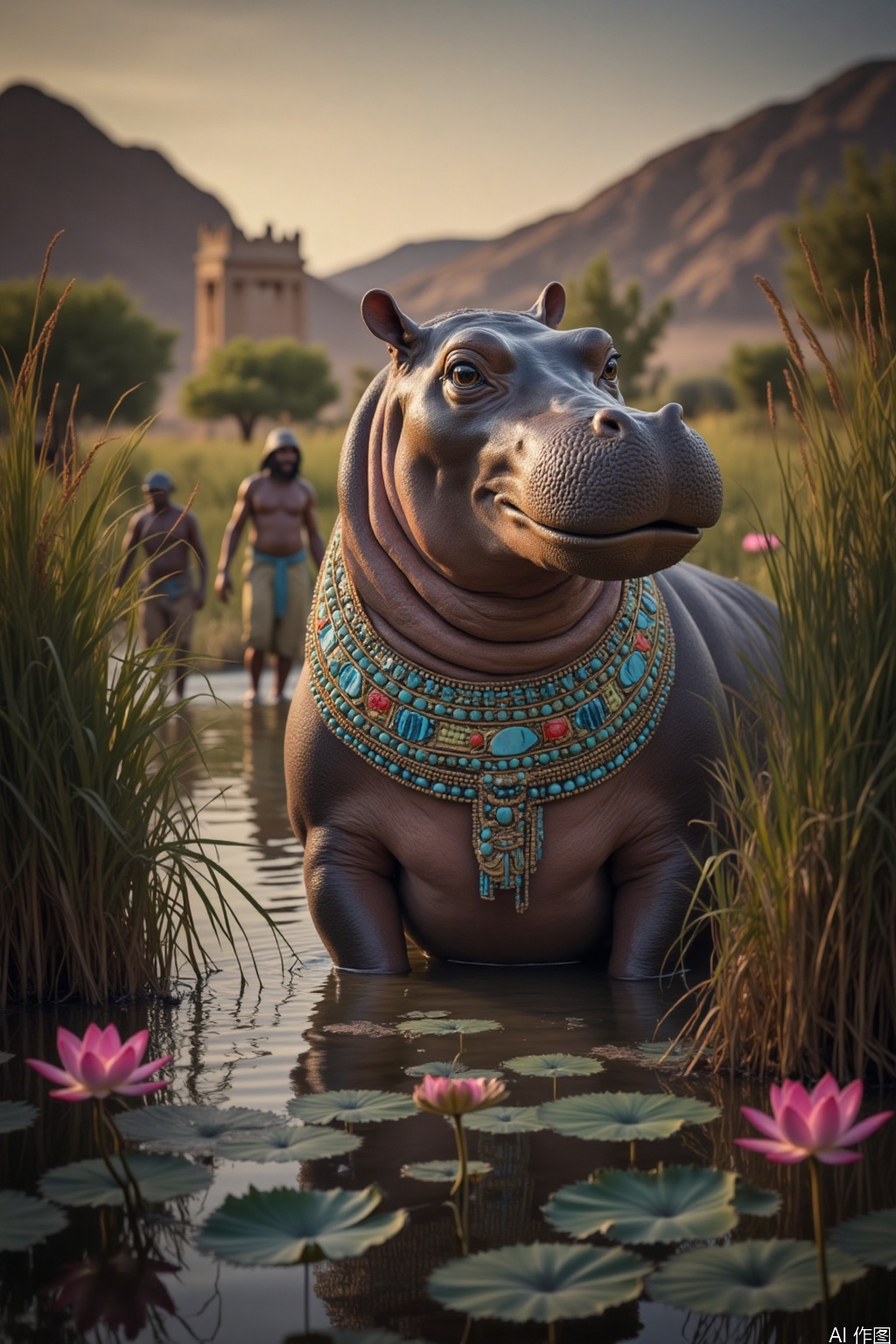 A hippopotamus in a bejeweled collar of turquoise and carnelian, its body painted with protective Eye of Horus symbols. The scene shows a marshland with lotus blossoms, Egyptian farmers harvesting reeds, and a distant temple façade.