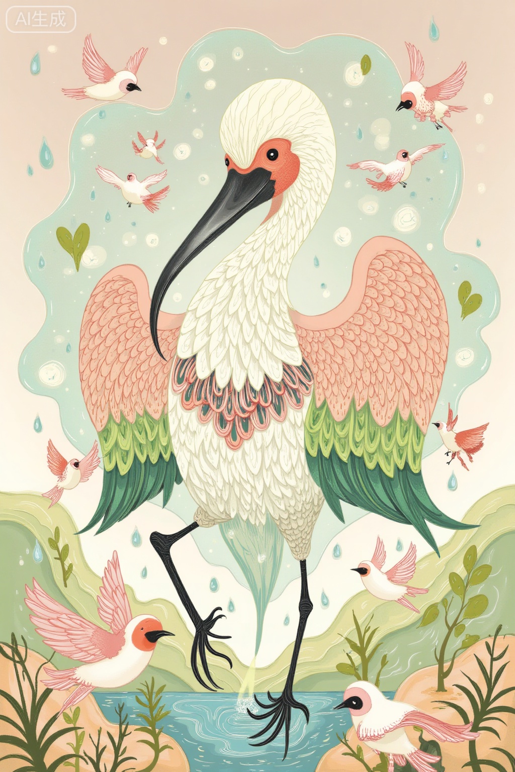 The image depicts a whimsical and fantastical scene with a large bird at the center, surrounded by smaller birds and floating elements. The central bird has a unique appearance, with a mix of colors including white, green, and pink feathers, and a long black beak. Its wings are adorned with intricate patterns, resembling scales. Surrounding the central bird are smaller birds, some of which are hovering and others flying. The background features a dreamy, ethereal atmosphere with soft, pastel colors and abstract shapes, including floating leaves and water droplets. The overall composition is surreal and artistic, blending elements of nature with imaginative, fantastical design.