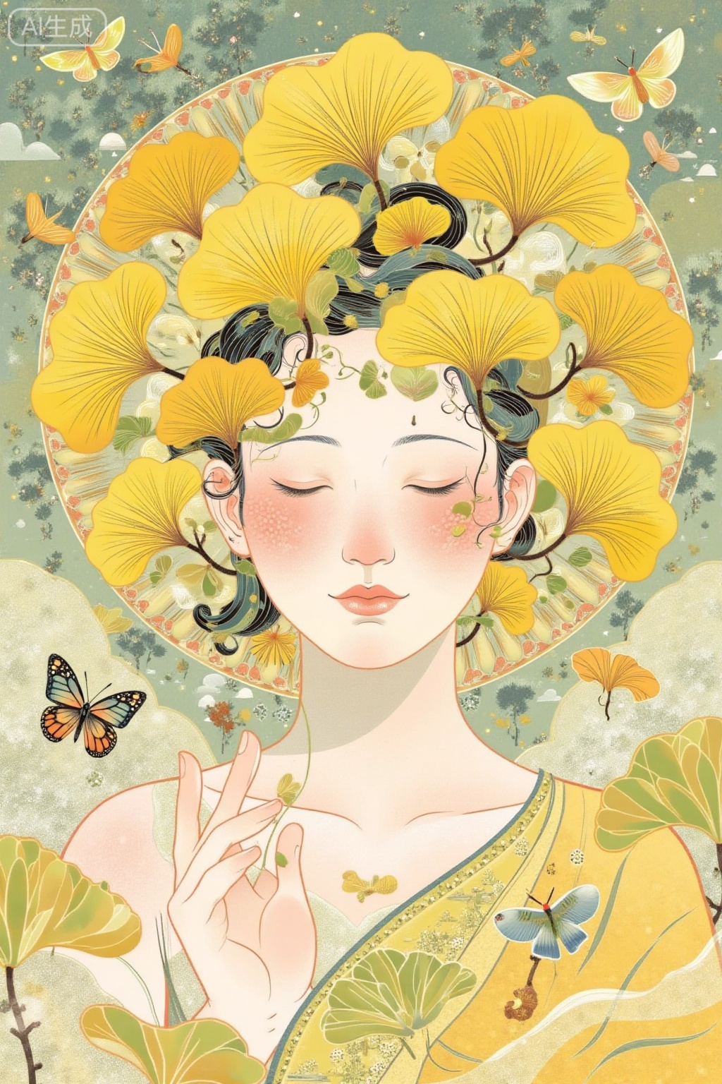 The image depicts a serene and artistic scene featuring a person adorned with vibrant yellow ginkgo leaves. The individual's face is partially visible, with closed eyes and a calm expression, suggesting a state of tranquility or meditation. The ginkgo leaves are intricately arranged, creating a natural and organic backdrop that enhances the peaceful atmosphere. A small, delicate butterfly is also visible near the person's shoulder, adding a touch of whimsy and further emphasizing the natural theme. The overall composition is soft and dreamy, with a gentle color palette that complements the natural elements.