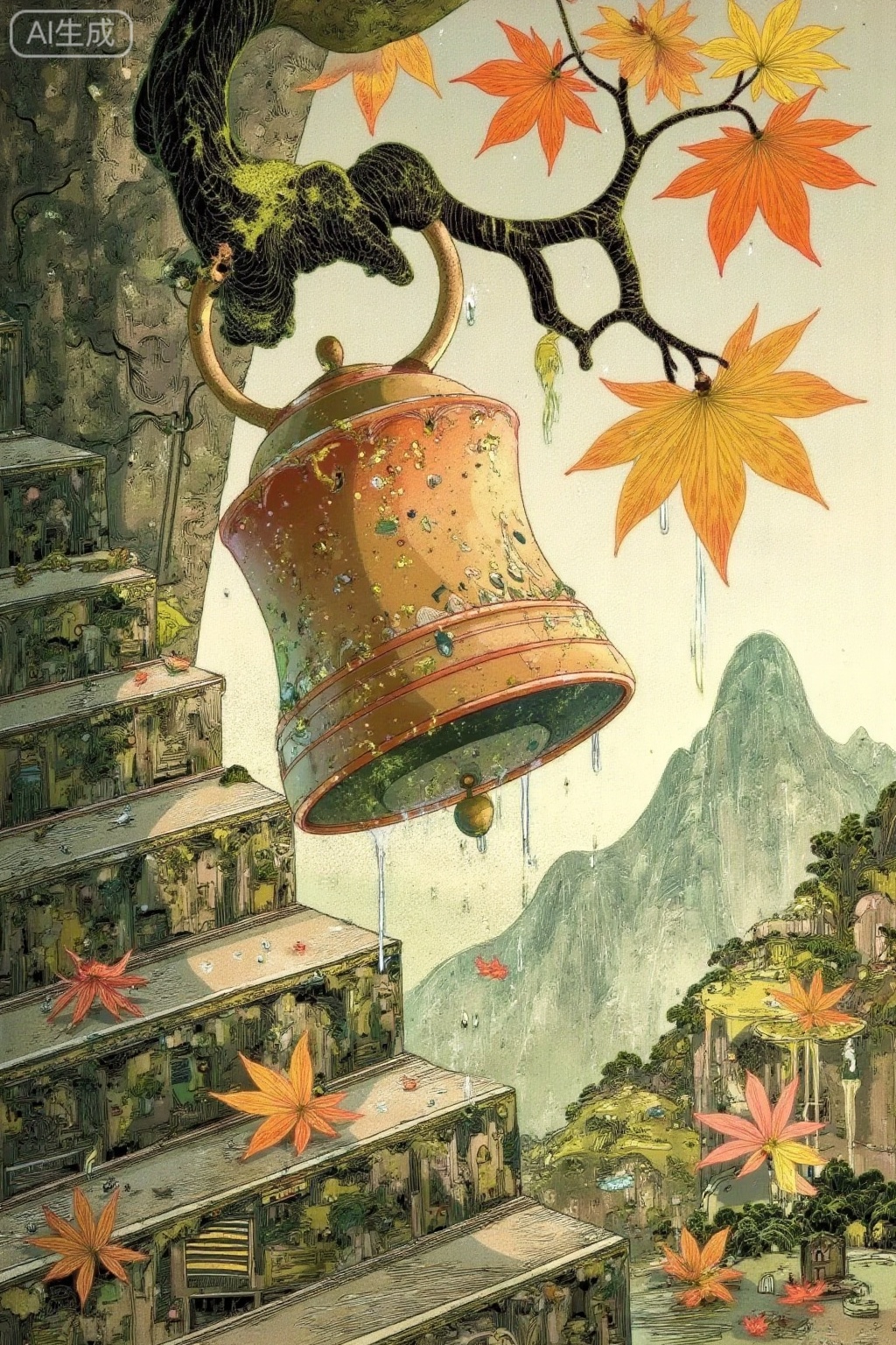 A copper bell-shaped pottery pot hangs upside down on the stone steps of the ancient temple. Dewdrops in the shape of maple leaves condense on the pot body, and the surface is covered with moss and cracks. The maple branch on the right hangs down, and dewdrops roll down along the leaf veins into the pot. The background has a gradient from green gray to light gold, the distant mountain shadows are shrouded in mist, the ground is scattered with wet maple leaves, and there is a faint ethereal echo from the bell. "