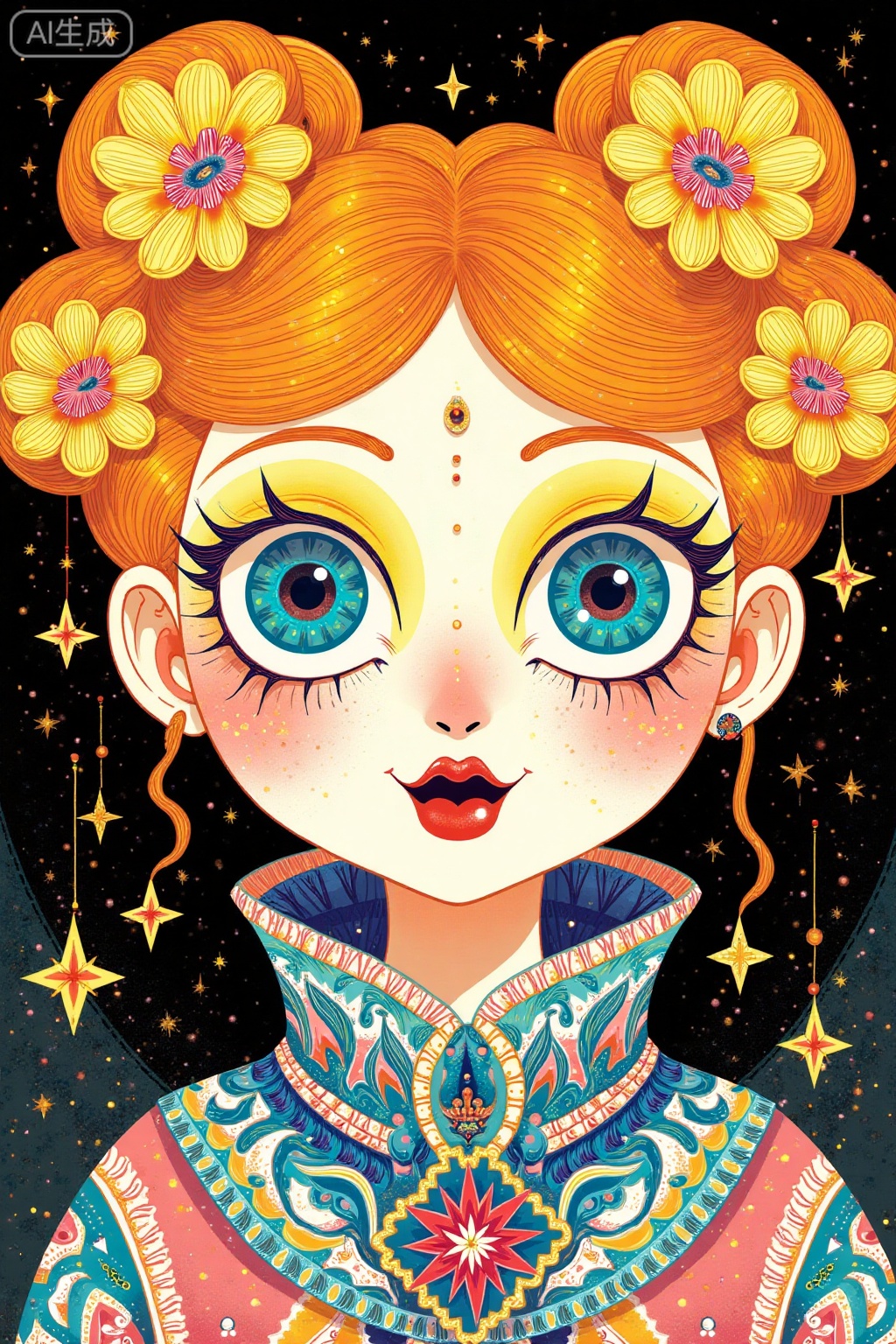 The image depicts a stylized, colorful character with vibrant orange hair adorned with large, intricate floral designs. The character's eyes are wide open, with prominent eyelashes and a striking blue and yellow color palette. The face is decorated with small, star-like patterns and a red, glossy-looking mouth. The character is wearing a high-collared garment with a detailed, ornate pattern in shades of blue, pink, and white. The background is dark, which contrasts with the bright and colorful details of the character.