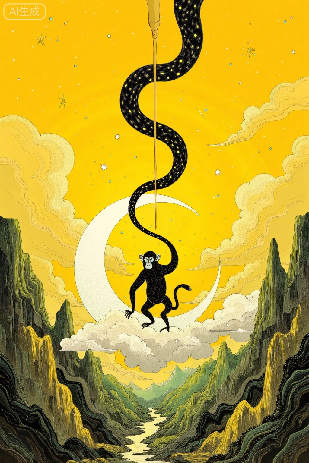 This painting depicts a surreal and fantastical scene, with a monkey standing on a crescent moon. This monkey is surrounded by swirling clouds and seems to be in an ascending state, as it ascends to a tall, black, snake-like structure that extends upwards into the sky. The background is a vibrant yellow sky with stars and clouds. The scene is composed of towering rock layers, creating a sense of depth and perspective. The entire color palette is mainly composed of yellow, black and white, with some green and orange as well. This painting has a dreamy texture, integrating elements of nature, mythology and fantasy