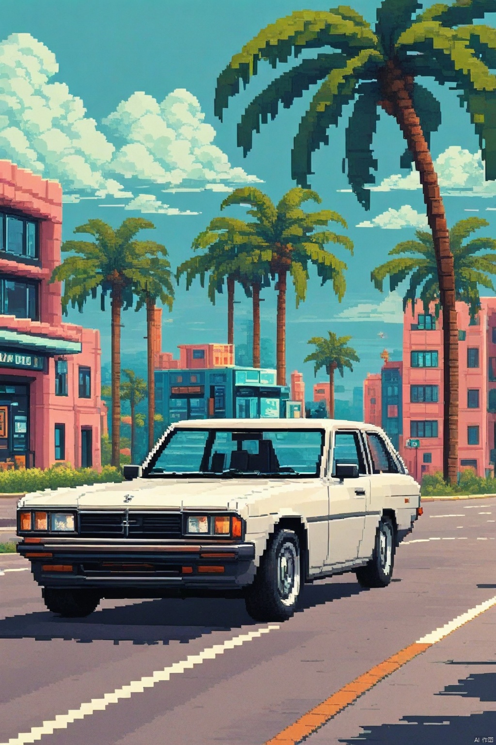 pixel style,Pixel art style,outdoors, sky, day, cloud, tree, blue sky, no humans, shadow, cloudy sky, ground vehicle, building, scenery, motor vehicle, palm tree, car, road, vehicle focus