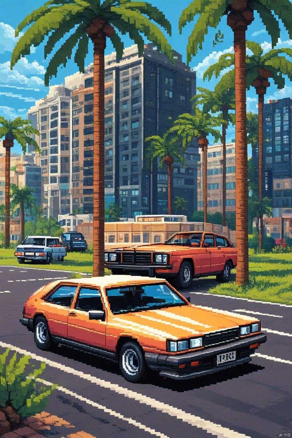 pixel style,Pixel art style,outdoors, sky, day, cloud, tree, blue sky, no humans, shadow, cloudy sky, ground vehicle, building, scenery, motor vehicle, palm tree, car, road, vehicle focus