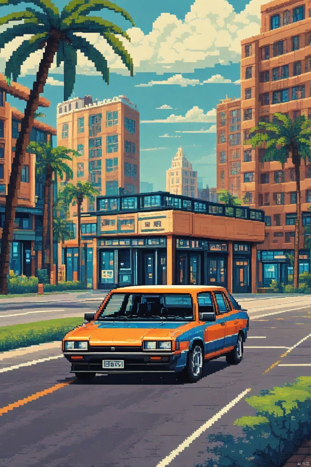 pixel style,Pixel art style,outdoors, sky, day, cloud, tree, blue sky, no humans, shadow, cloudy sky, ground vehicle, building, scenery, motor vehicle, palm tree, car, road, vehicle focus