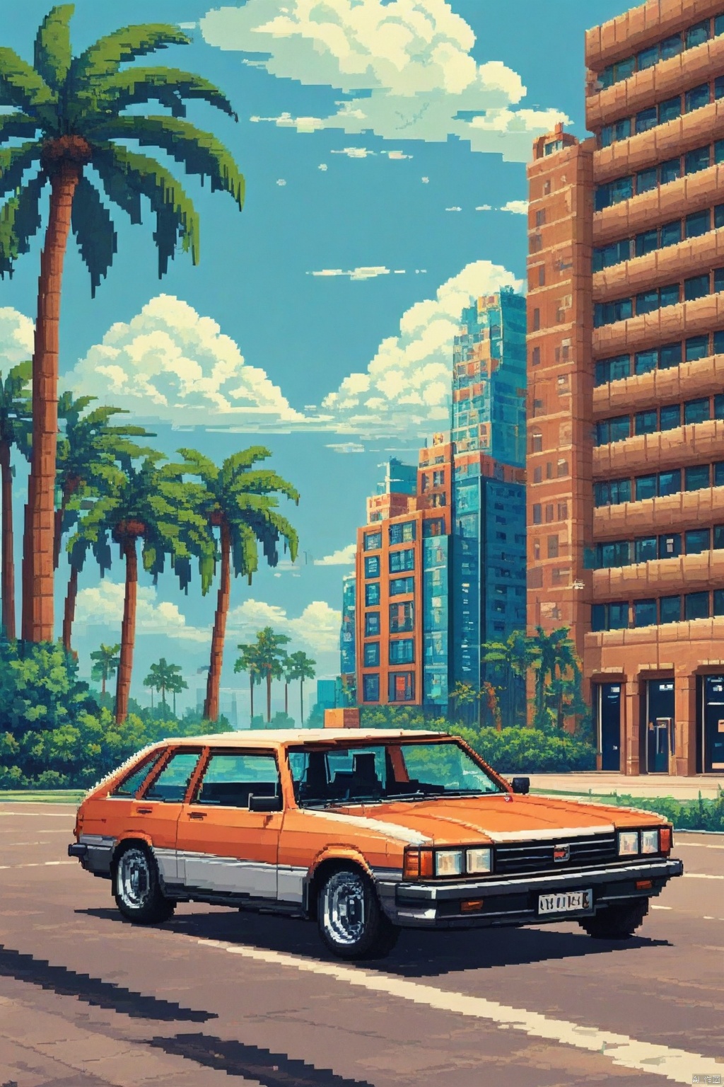 pixel style,Pixel art style,outdoors, sky, day, cloud, tree, blue sky, no humans, shadow, cloudy sky, ground vehicle, building, scenery, motor vehicle, palm tree, car, road, vehicle focus