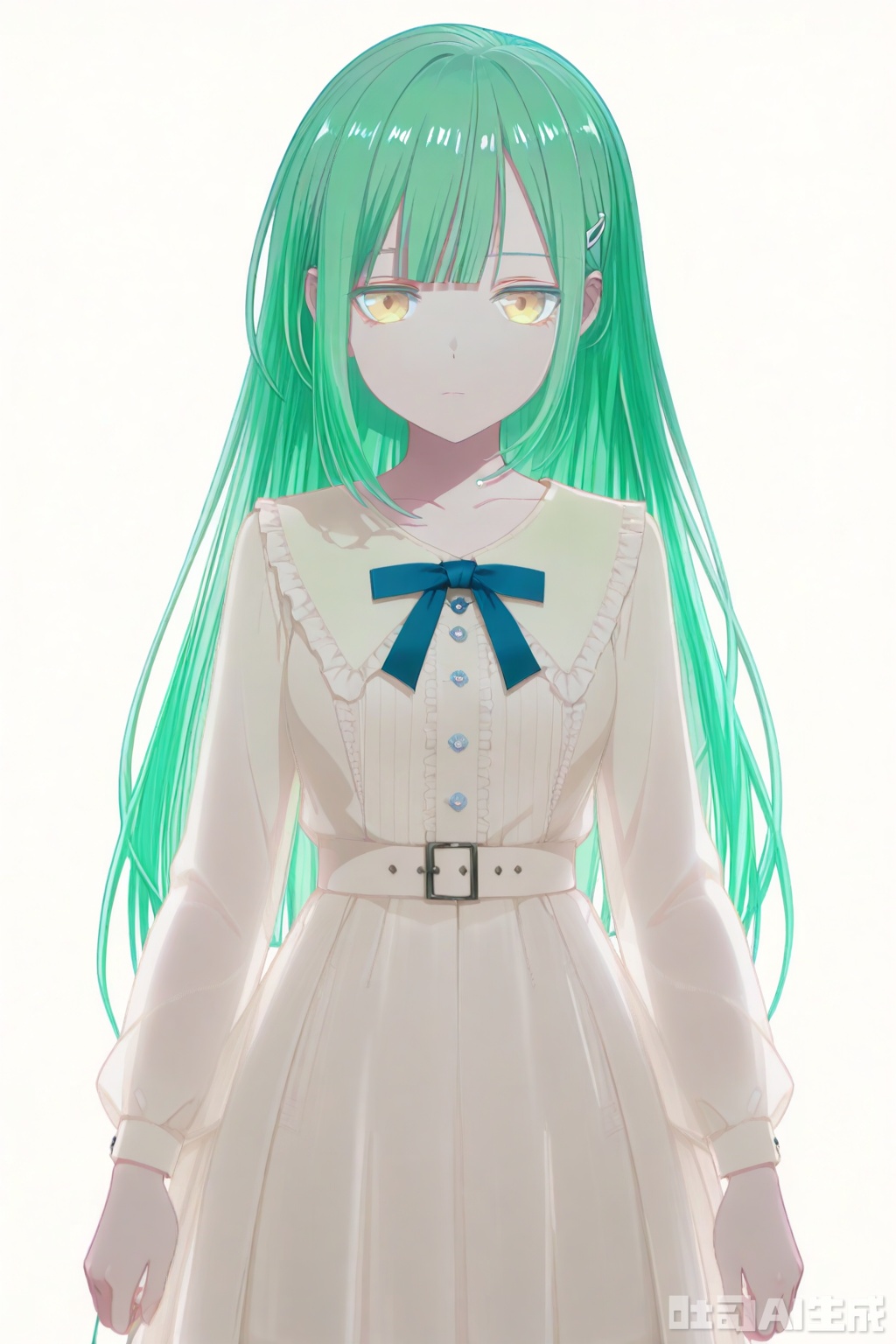 masterpiece, best quality,solo,((white background:1.2)),simple background,
looking at viewer,Wakaba Mutsumi,long hair,green hair,bangs,blunt bangs,yellow eyes,hair ornament,hairclip