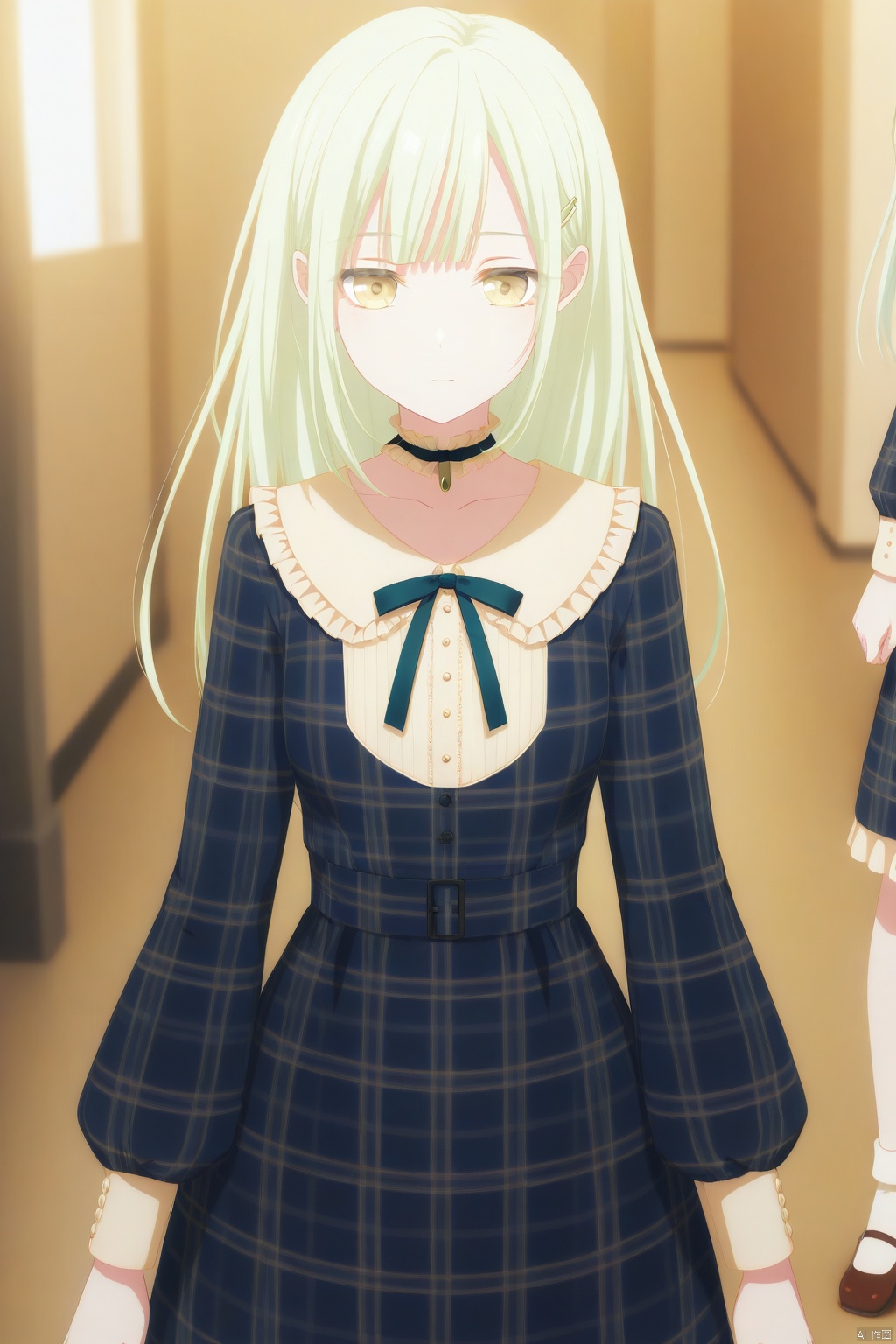 Wakaba Mutsumi,long hair,green hair,bangs,blunt bangs,yellow eyes,hair ornament,hairclip,
long sleeves,dress,bow,ribbon,shoes,choker,socks,plaid,neck ribbon,blue dress,white socks, mary janes,plaid dress,
