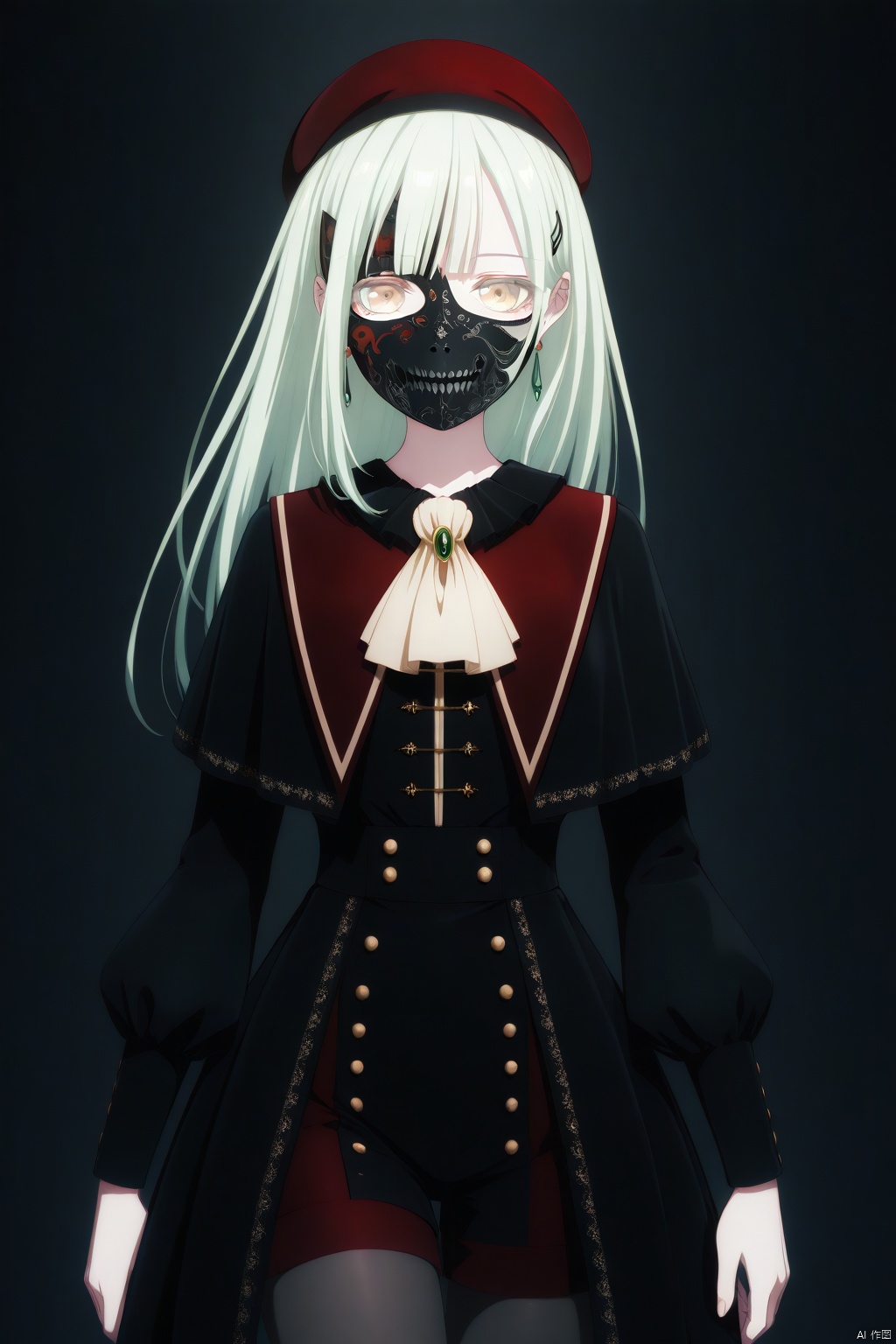 Wakaba Mutsumi,long hair,green hair,bangs,blunt bangs,yellow eyes,hair ornament,hairclip,
long sleeves,hat,dress,jewelry,pantyhose,earrings,ascot,beret,red footwear,red headwear,black_mask