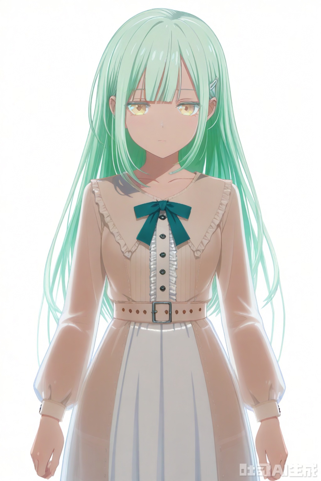 masterpiece, best quality,solo,((white background:1.2)),simple background,
looking at viewer,Wakaba Mutsumi,long hair,green hair,bangs,blunt bangs,yellow eyes,hair ornament,hairclip