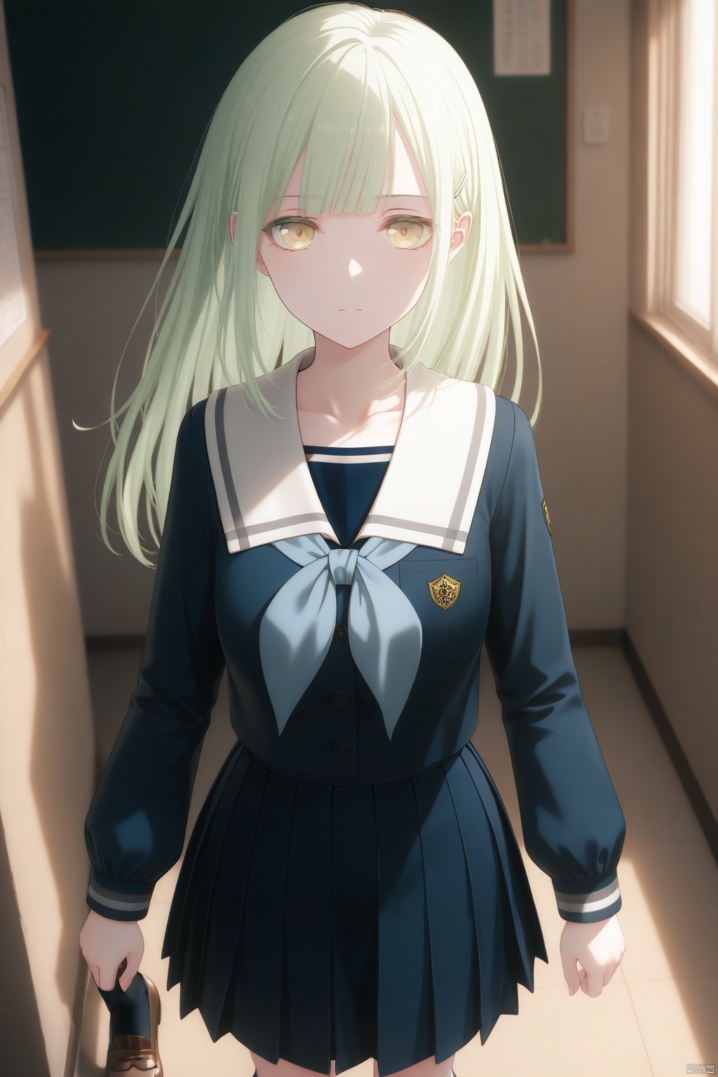 Wakaba Mutsumi,long hair,green hair,bangs,blunt bangs,yellow eyes,hair ornament,hairclip,
skirt,shirt,long sleeves,dress,school uniform, standing,pleated skirt,shoes,serafuku,socks,sailor collar,neckerchief,kneehighs,brown footwear,black socks,loafers,white sailor collar,blue neckerchief, navy blue school uniform with a white collar