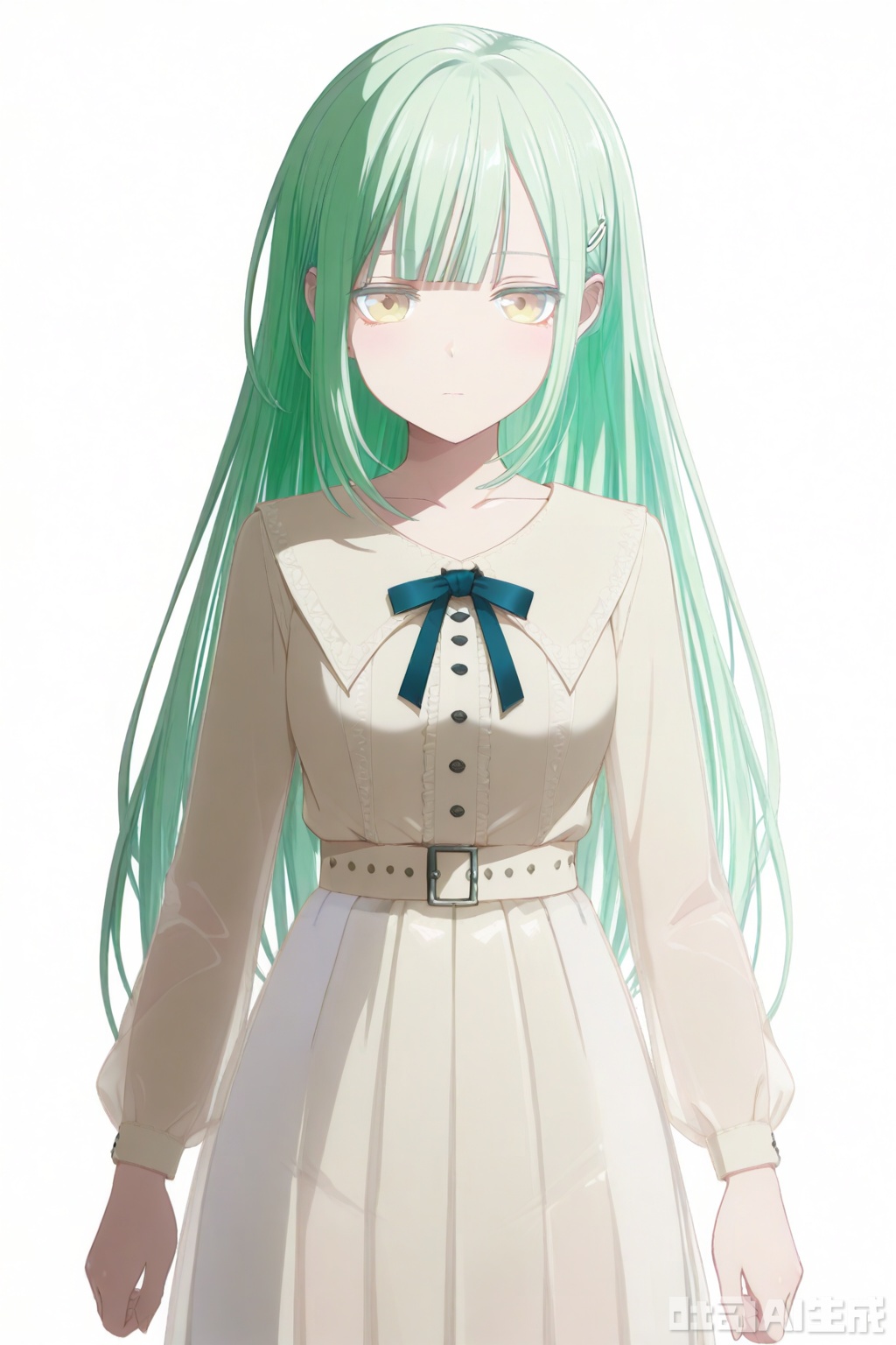masterpiece, best quality,solo,((white background:1.2)),simple background,
looking at viewer,Wakaba Mutsumi,long hair,green hair,bangs,blunt bangs,yellow eyes,hair ornament,hairclip