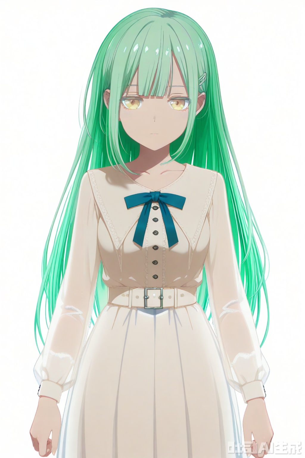 masterpiece, best quality,solo,((white background:1.2)),simple background,
looking at viewer,Wakaba Mutsumi,long hair,green hair,bangs,blunt bangs,yellow eyes,hair ornament,hairclip