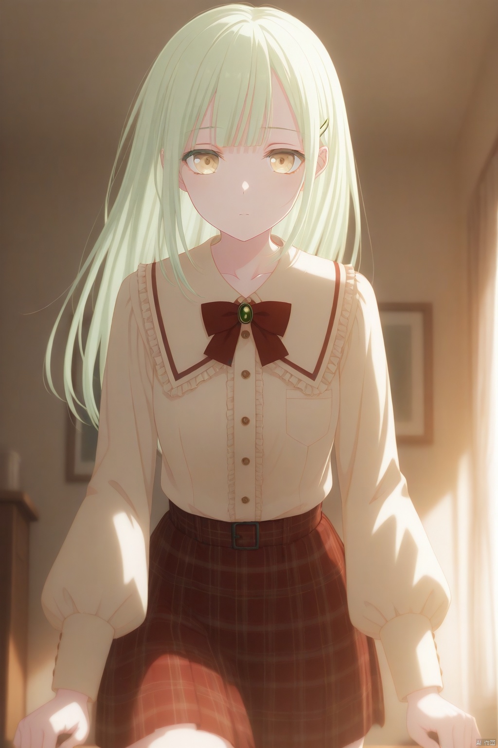 Wakaba Mutsumi,long hair,green hair,bangs,blunt bangs,yellow eyes,hair ornament,hairclip,