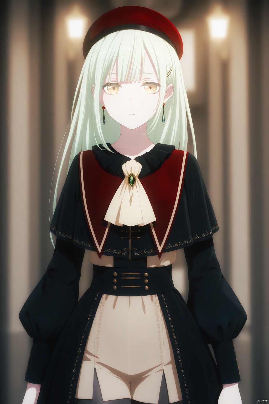 Wakaba Mutsumi,long hair,green hair,bangs,blunt bangs,yellow eyes,hair ornament,hairclip,
long sleeves,hat,dress,jewelry,pantyhose,earrings,ascot,beret,red footwear,red headwear,