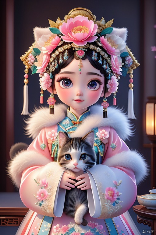 A cute little girl with large expressive eyes, delicate and fair porcelain-like skin, a focused gaze, and a round, adorable face, standing in a side profile pose, dressed in traditional Qing Dynasty attire featuring pink, blue, and white tones, adorned with exquisite floral embroidery, white fur trim at the collar and cuffs, wearing a black qipao headdress decorated with large pink and red flowers, gold and blue jewels, and tassels hanging on both sides, holding a playful cat, soft lighting creating a tranquil and focused atmosphere, blending classical Chinese culture with Qing Dynasty palace aesthetics, the composition capturing the girl's serene expression and the intricate details of her attire, set against a harmonious background.