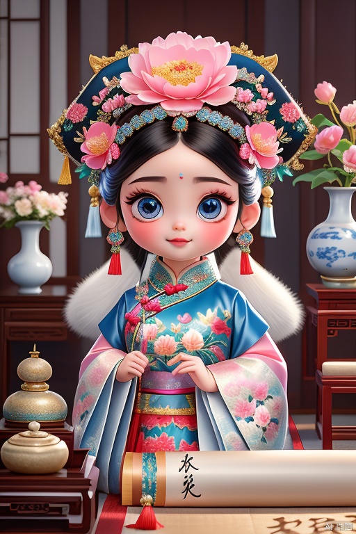 A cute little girl in 3D, cartoon style, with large expressive eyes, delicate and fair porcelain-like skin, a focused gaze, and a round, adorable face, dressed in traditional Qing Dynasty attire featuring pink, blue, and white tones, adorned with exquisite floral embroidery, white fur trim at the collar and cuffs, wearing a black qipao headdress decorated with large pink and red flowers, gold and blue jewels, and tassels hanging on both sides, holding a brush writing calligraphy on a scroll of rice paper with black Chinese characters, a traditional inkstone and brush holder nearby, set against a serene background of classic Chinese furniture and a white vase filled with flowers, soft lighting creating a tranquil and focused atmosphere, blending classical Chinese culture with Qing Dynasty palace aesthetics.