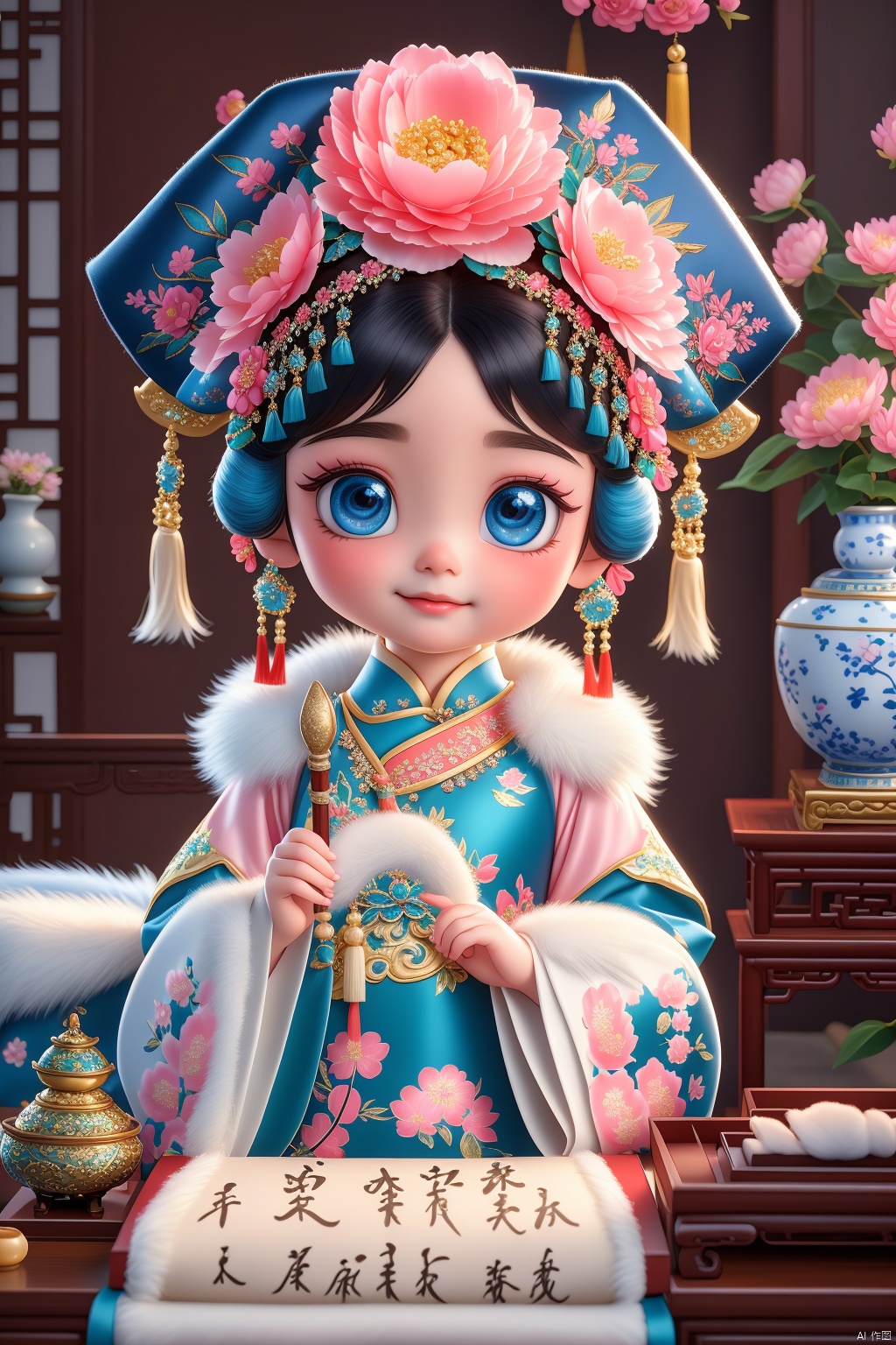 A cute little girl in 3D, cartoon style, with large expressive eyes, delicate and fair porcelain-like skin, a focused gaze, and a round, adorable face, dressed in traditional Qing Dynasty attire featuring pink, blue, and white tones, adorned with exquisite floral embroidery, white fur trim at the collar and cuffs, wearing a black qipao headdress decorated with large pink and red flowers, gold and blue jewels, and tassels hanging on both sides, holding a brush writing calligraphy on a scroll of rice paper with black Chinese characters, a traditional inkstone and brush holder nearby, set against a serene background of classic Chinese furniture and a white vase filled with flowers, soft lighting creating a tranquil and focused atmosphere, blending classical Chinese culture with Qing Dynasty palace aesthetics.