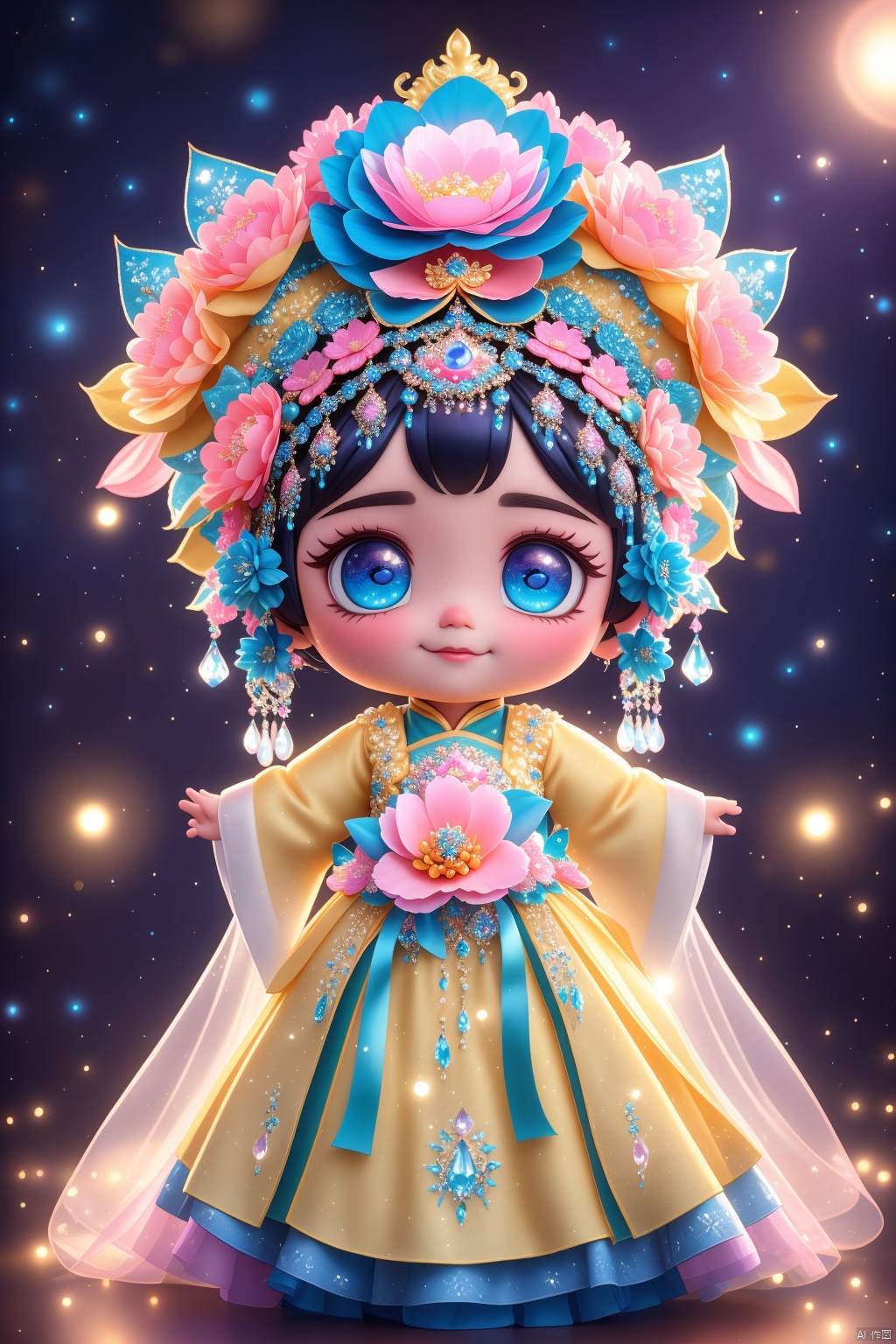 A cute little girl in 3D, cartoon style, with starry eyes reflecting a vast ocean, large, adorable eyes, a round, extremely cute face, standing in a side profile pose, dressed in traditional Chinese attire primarily in yellow and blue, adorned with exquisite embroidery, wearing an incredibly ornate headdress featuring pink and blue flowers, abundant jewels, and sequins, set against a background with shimmering light spots creating a dreamlike atmosphere, soft lighting enhancing the vibrant colors and intricate details, blending traditional Chinese aesthetics with theatrical elements, evoking a stunning and vibrant stage performance.