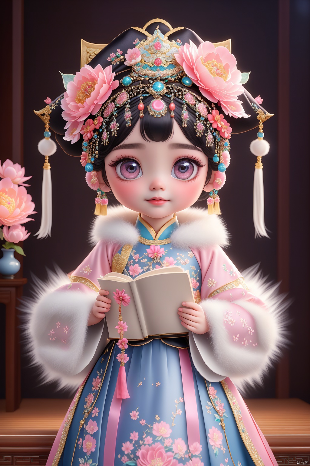 A cute little girl with large expressive eyes, delicate and fair porcelain-like skin, a focused gaze, and a round, adorable face, standing in a side profile pose, dressed in traditional Qing Dynasty attire featuring pink, blue, and white tones, adorned with exquisite floral embroidery, white fur trim at the collar and cuffs, wearing a black qipao headdress decorated with large pink and red flowers, gold and blue jewels, and tassels hanging on both sides, holding a book, soft lighting creating a tranquil and focused atmosphere, blending classical Chinese culture with Qing Dynasty palace aesthetics, the composition capturing the girl's serene expression and the intricate details of her attire, set against a harmonious background.
