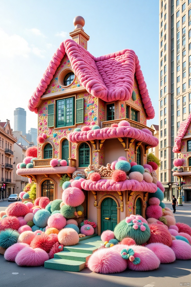 maoxian01,maoxian01,,maoxian01,house-shaped sculpture woven with wool,the perfect blend of pink and pale green,colorful pattern decoration,(hairy texture:1.2),street,road,traffic light,the background is the city,clean sky,the warm sunshine,春节