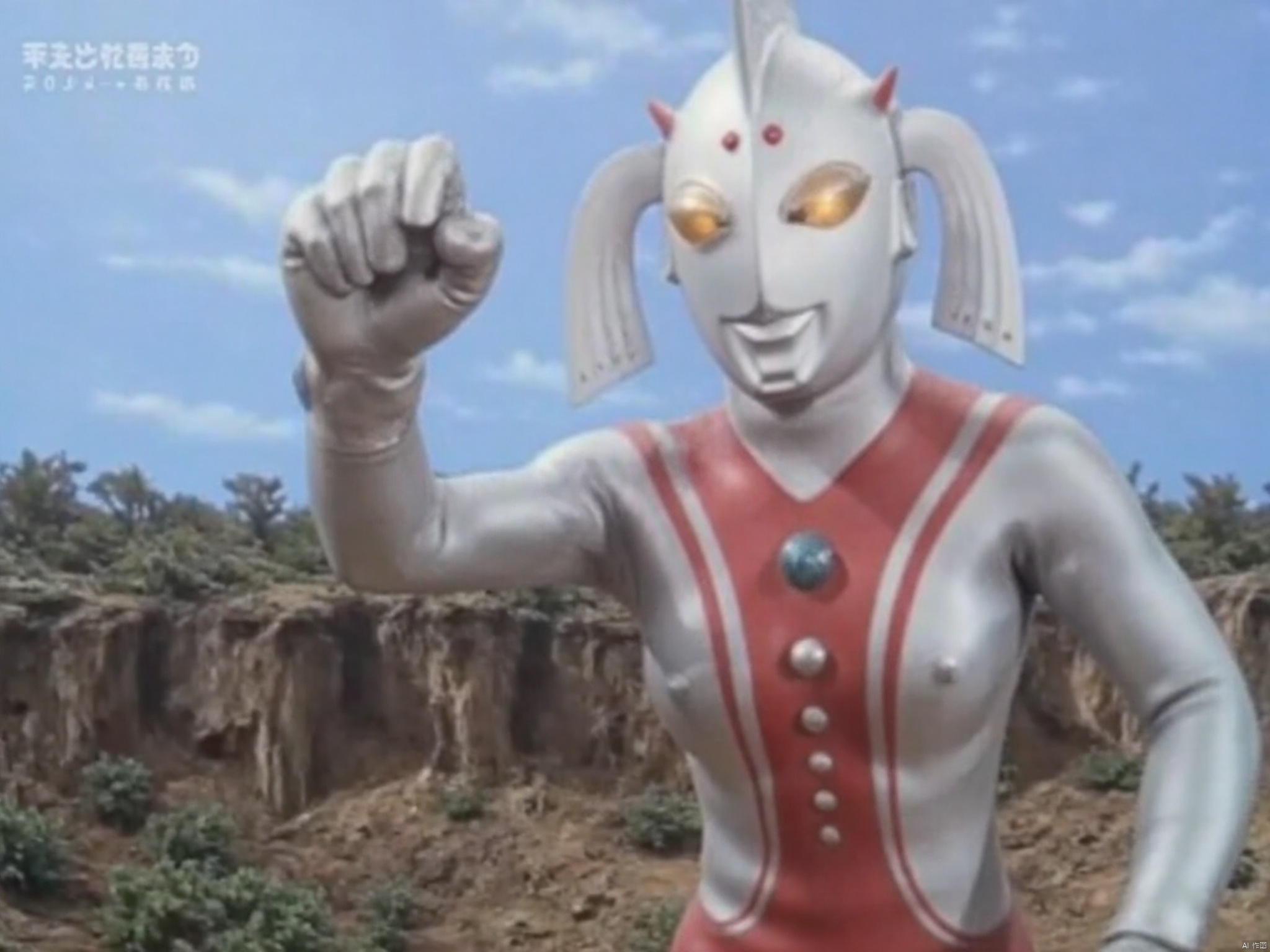 ultraman,silver bodysuit,silver gloves,legwear,gloves,boots,cover,mask,plugsuit,armor,bodysuit,red pattern on body,silver tight-fitting,red footwear,helmet,leather suit,latex,tokusatsu,no humans,science fiction,silver head,hard mask,no smile,no eyes,no nose,solo,silver rubber bodysuit with red line,Ultlive rise,punching,clenched hand