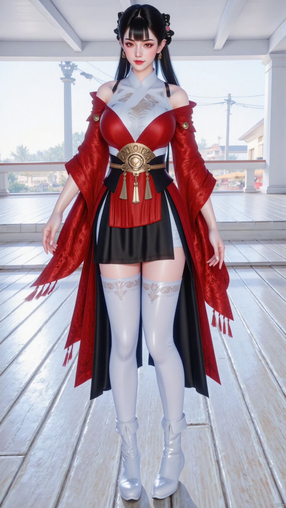 1girl,solo,long hair,black hair,hair ornament,hair rings,hair bun,ponytail,double bun,bangs,thighhighs,jewelry,full body,earrings,boots,white thighhighs,white footwear,skirt,black skirt,hakama,hakama skirt,chinese clothes,dress,red dress,red long sleeves,red wide sleeves,canghaisz