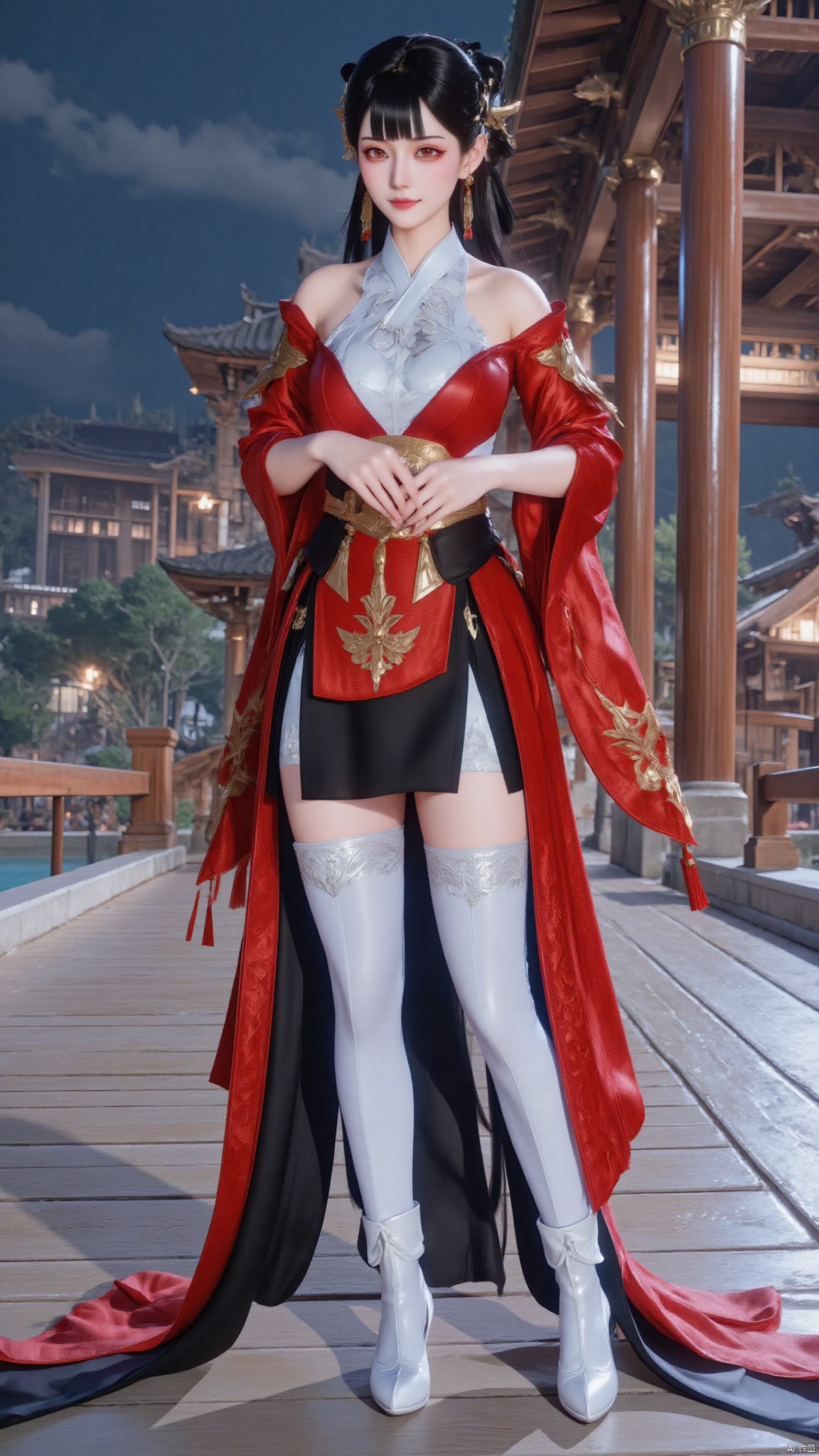 1girl,solo,long hair,black hair,hair ornament,hair rings,hair bun,ponytail,double bun,bangs,thighhighs,jewelry,full body,earrings,boots,white thighhighs,white footwear,skirt,black skirt,hakama,hakama skirt,chinese clothes,dress,red dress,red long sleeves,red wide sleeves,canghaisz,HANFU DRESS.
