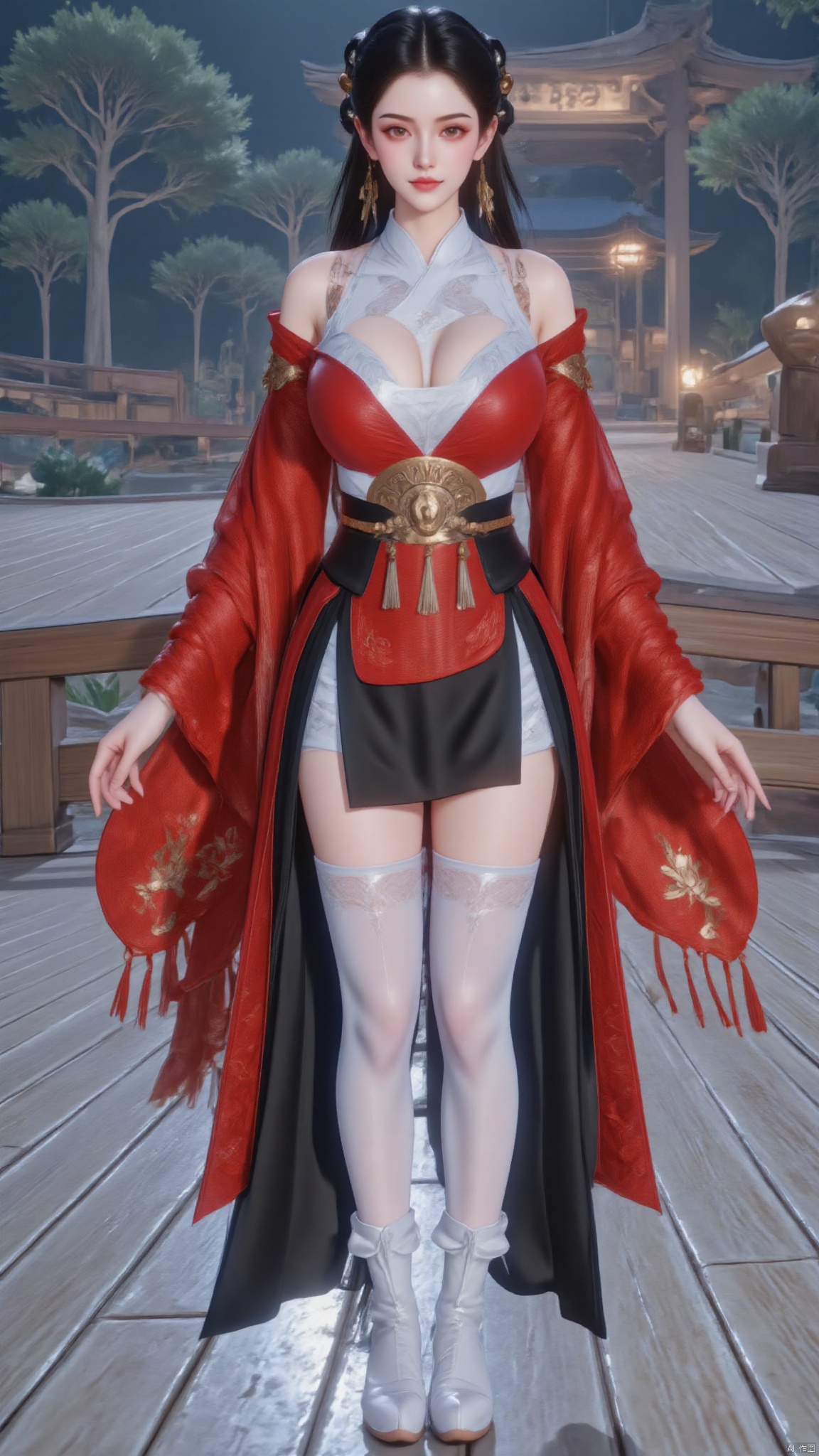 1girl,solo,breasts,huge breasts,huge buttocks,looking at viewer,long hair,black hair,hair ornament,hair rings,hair bun,ponytail,double bun,bangs,thighhighs,jewelry,full body,earrings,boots,white thighhighs,white footwear,skirt,black skirt,hakama,hakama skirt,chinese clothes,dress,red dress,red long sleeves,red wide sleeves,canghaisz,HANFU DRESS.,juru2,huge Breasts,cleavage
