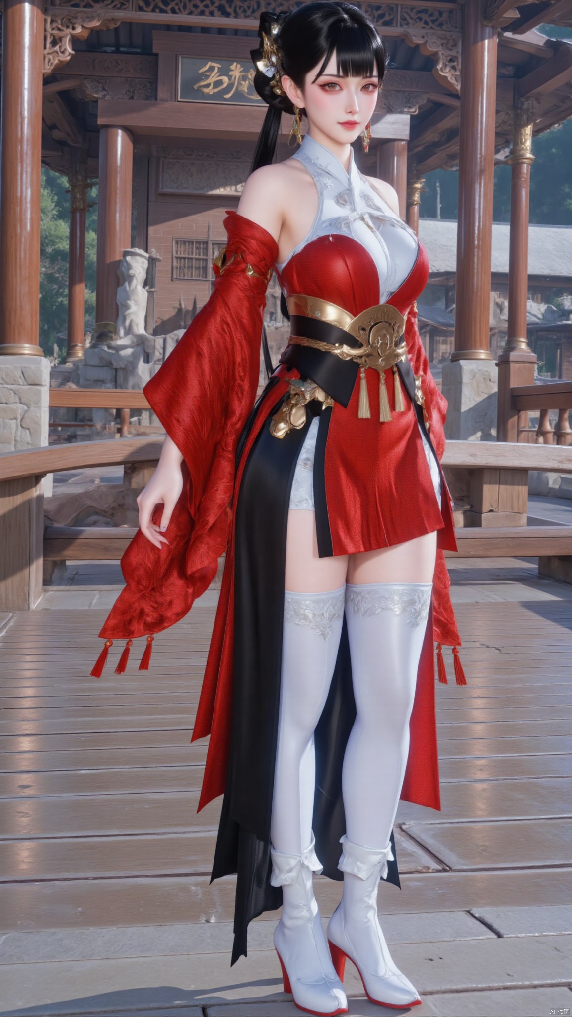 1girl,solo,long hair,black hair,hair ornament,hair rings,hair bun,ponytail,double bun,bangs,thighhighs,jewelry,full body,earrings,boots,white thighhighs,white footwear,skirt,black skirt,hakama,hakama skirt,chinese clothes,dress,red dress,red long sleeves,red wide sleeves,canghaisz,HANFU DRESS.
