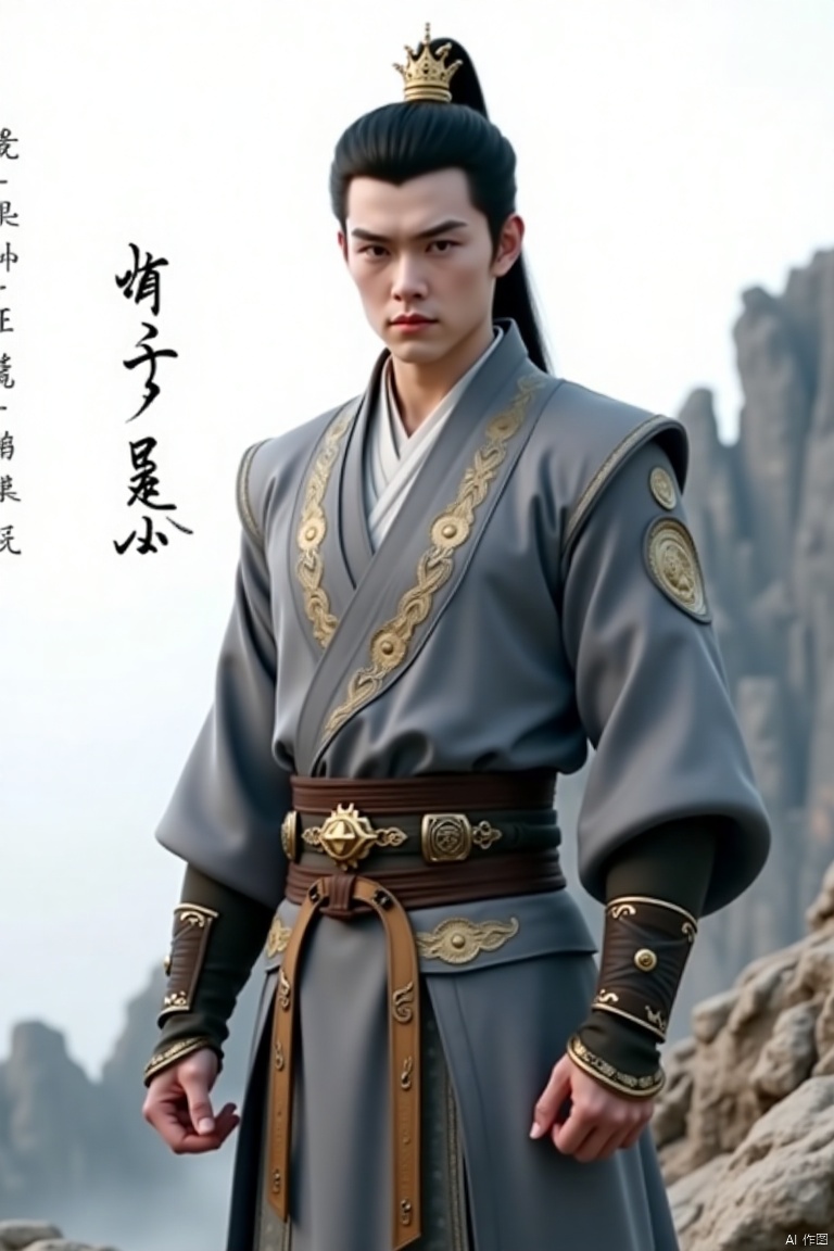 a medium-angle shot of a Chinese man , dressed in a gray robe adorned with a gold belt and a crown on her head. The character's outfit is adorned with gold embroidery, adding a touch of luxury to the scene. The background is a stark white, with a text in a foreign language to the left of the character. The scene is set against a backdrop of a rocky mountain, adding depth to the composition.hanfu