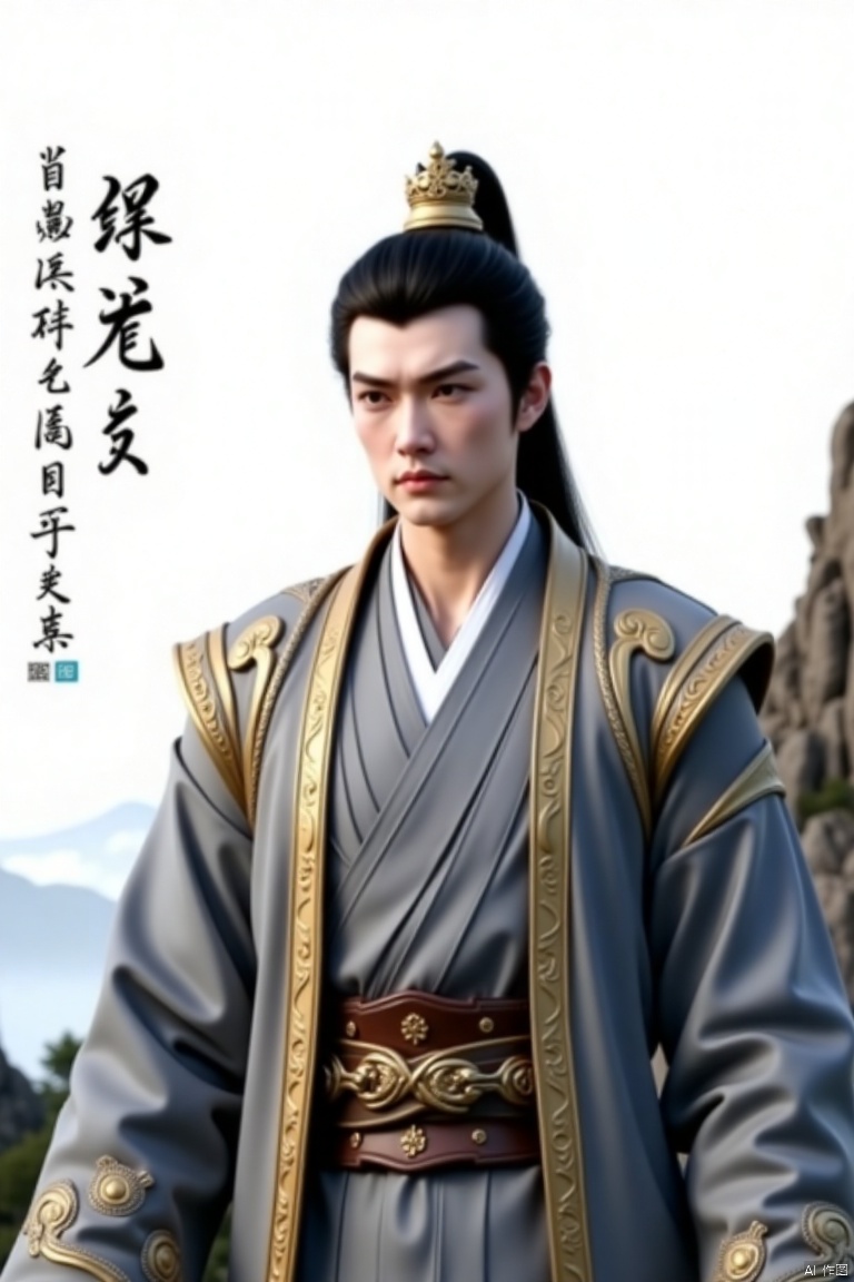 a medium-angle shot of a Chinese man , dressed in a gray robe adorned with a gold belt and a crown on her head. The character's outfit is adorned with gold embroidery, adding a touch of luxury to the scene. The background is a stark white, with a text in a foreign language to the left of the character. The scene is set against a backdrop of a rocky mountain, adding depth to the composition.hanfu