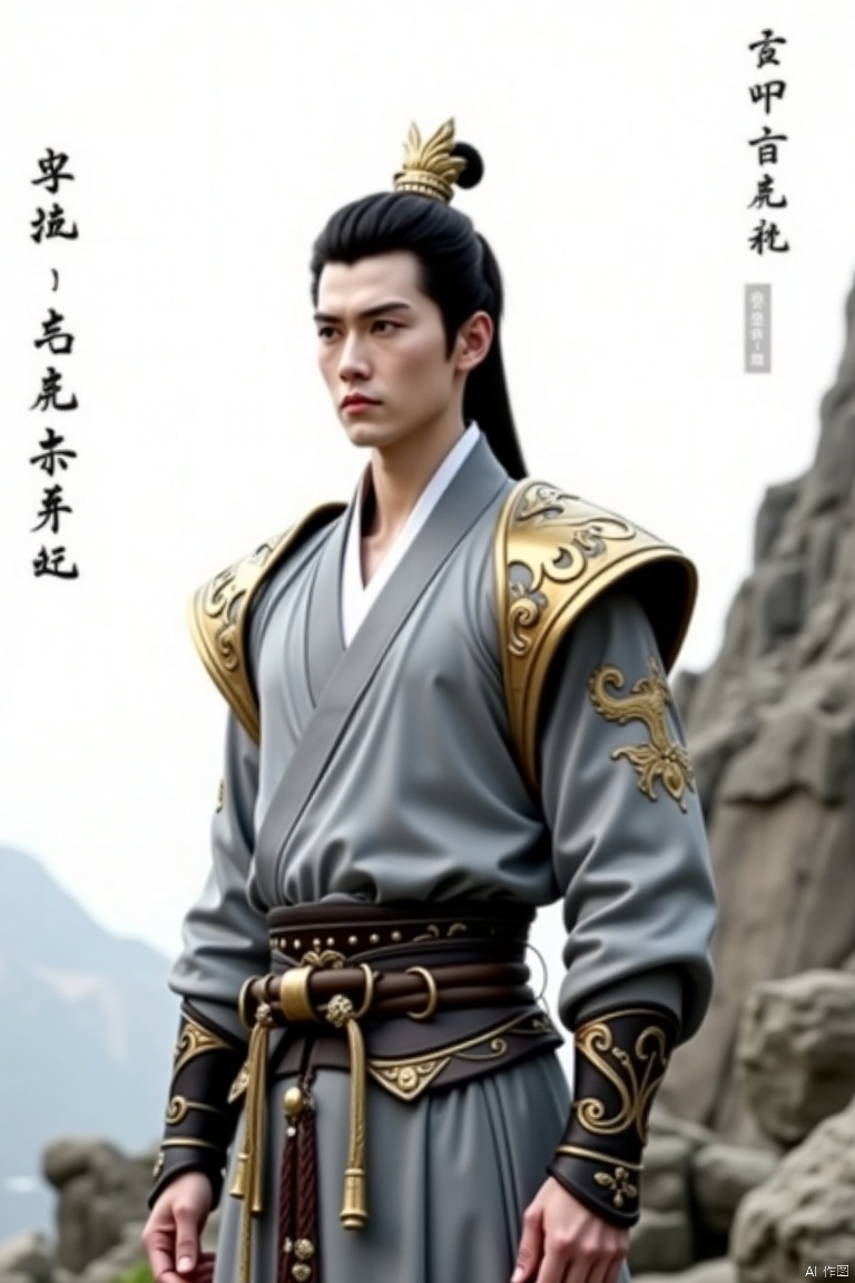 a medium-angle shot of a Chinese man , dressed in a gray robe adorned with a gold belt and a crown on her head. The character's outfit is adorned with gold embroidery, adding a touch of luxury to the scene. The background is a stark white, with a text in a foreign language to the left of the character. The scene is set against a backdrop of a rocky mountain, adding depth to the composition.hanfu