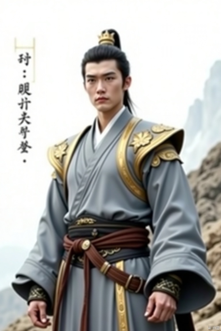 a medium-angle shot of a Chinese man , dressed in a gray robe adorned with a gold belt and a crown on her head. The character's outfit is adorned with gold embroidery, adding a touch of luxury to the scene. The background is a stark white, with a text in a foreign language to the left of the character. The scene is set against a backdrop of a rocky mountain, adding depth to the composition.hanfu