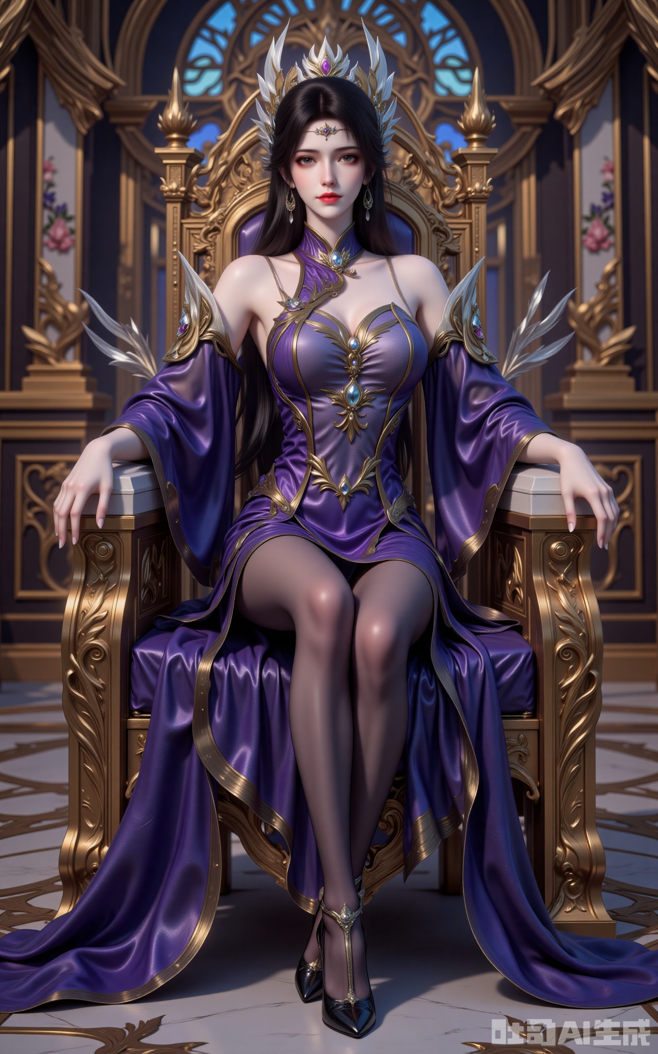 In the gilded hall, sunlight streams through stained glass, crowning Xuan Yi in a celestial glow. Seated upon a flower-entwined throne, her opulent gown cascades like liquid midnight, sculpting curves that defy mortal grace. Carmine lips part slightly beneath amethyst-shadowed eyes, while the bejeweled phoenix crown sways with her every breath.

She crosses her sheer-clad legs, the gem-encrusted stilettos at her feet scattering prismatic light across the marble. Shot from a reverent low angle, the composition frames her against a vaulted ceiling fresco—a living masterpiece where power and allure intertwine. This is not mere royalty; it's a visual coronation of dominance.
earrings,jewelry,xuanyi,black hair,brown eyes,red_lips_,hair_ornament,fair_skin,long hair,
lvjing,lvjing,