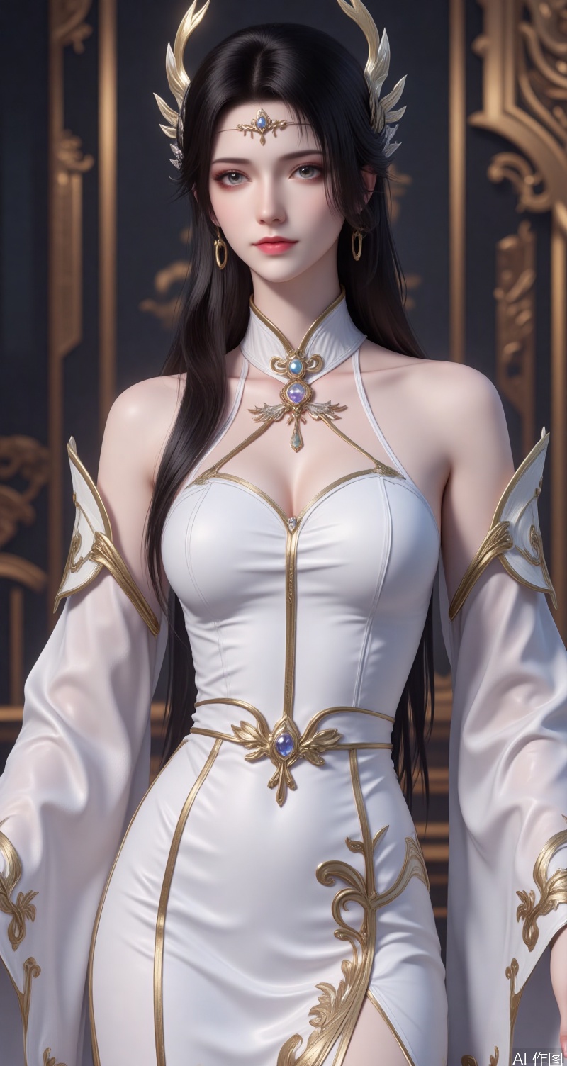 lvjing,1girl, solo, white dress, long hair, black hair, upper body, hair ornament, dress, bare shoulders, closed mouth, breasts, detached sleeves, blurry background, jewelry, looking at viewer