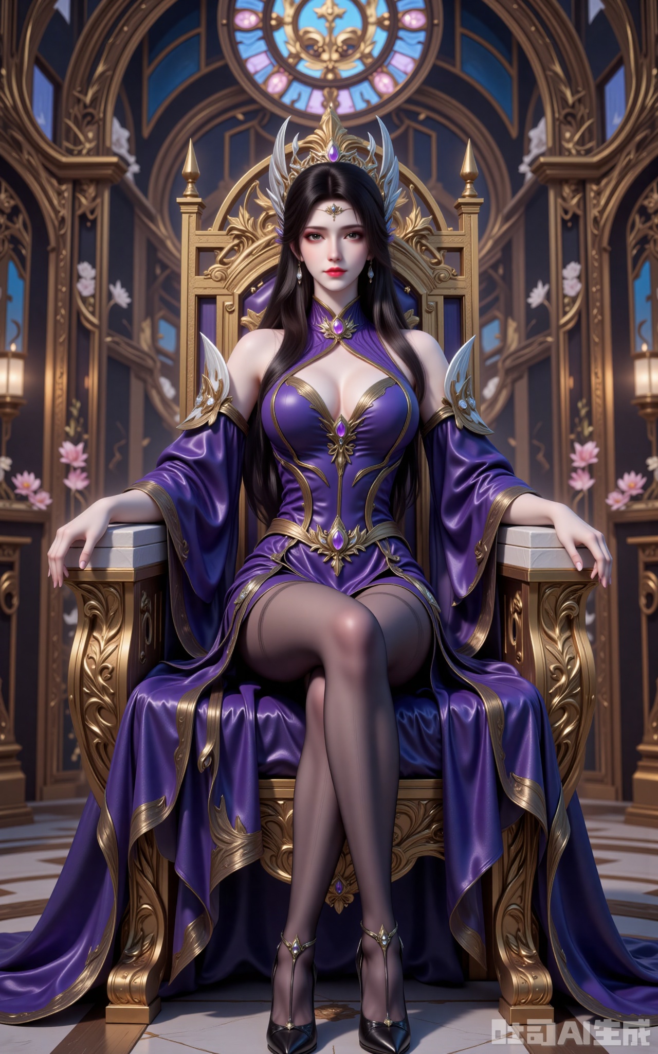 In the gilded hall, sunlight streams through stained glass, crowning Xuan Yi in a celestial glow. Seated upon a flower-entwined throne, her opulent gown cascades like liquid midnight, sculpting curves that defy mortal grace. Carmine lips part slightly beneath amethyst-shadowed eyes, while the bejeweled phoenix crown sways with her every breath.

She crosses her sheer-clad legs, the gem-encrusted stilettos at her feet scattering prismatic light across the marble. Shot from a reverent low angle, the composition frames her against a vaulted ceiling fresco—a living masterpiece where power and allure intertwine. This is not mere royalty; it's a visual coronation of dominance.
earrings,jewelry,xuanyi,black hair,brown eyes,red_lips_,hair_ornament,fair_skin,long hair,
lvjing,lvjing,