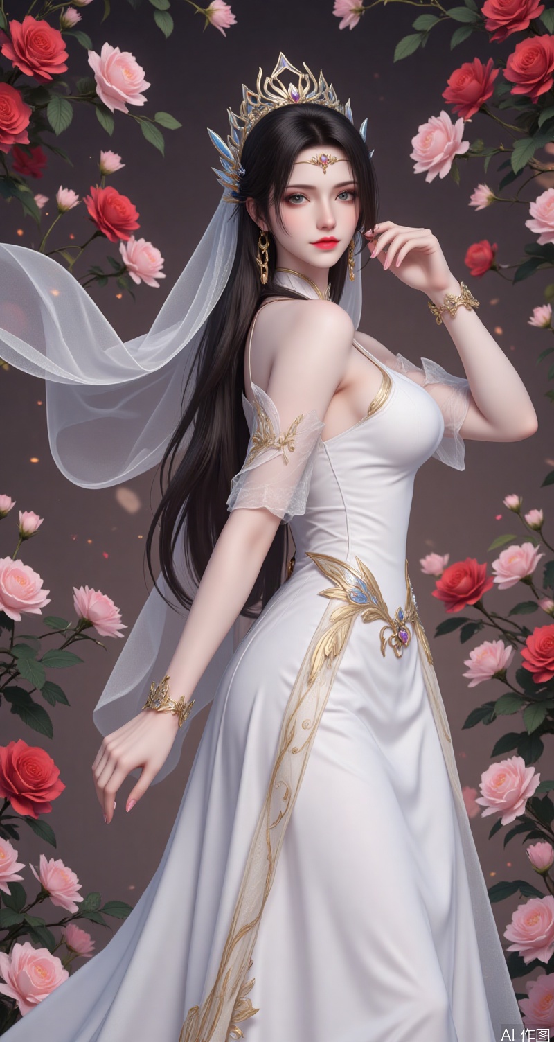 lvjing,xuanyi,1girl,solo,dress,flower,pointy ears,long hair,white dress,rose,jewelry,hair ornament,earrings,veil,looking at viewer,red lips,tiara,wedding dress,black hair,bare shoulders,hair flower,breasts,red rose,red flower,looking back,brown hair,backless dress,makeup,lipstick,pink rose,Cinematic Lighting,highres,upper_body,brown eyes,