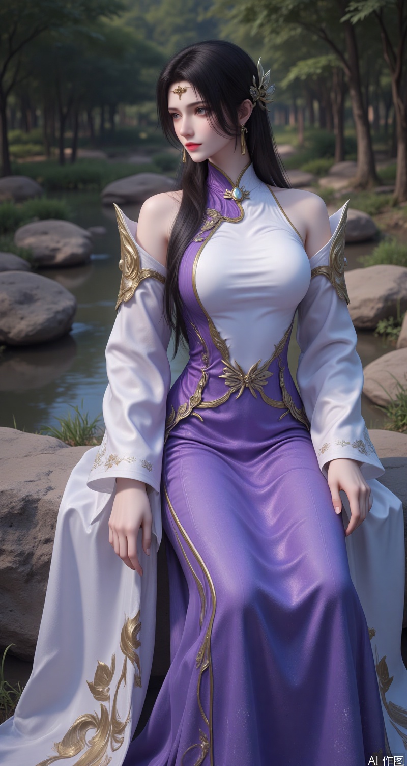 lvjing,xuanyi,1girl, dress, solo, long hair, sitting, rock, water, hair ornament, bare shoulders, detached sleeves, grass, black hair, purple dress and white dress, earrings, outdoors, looking to the side, chinese clothes, closed mouth, jewelry, tree