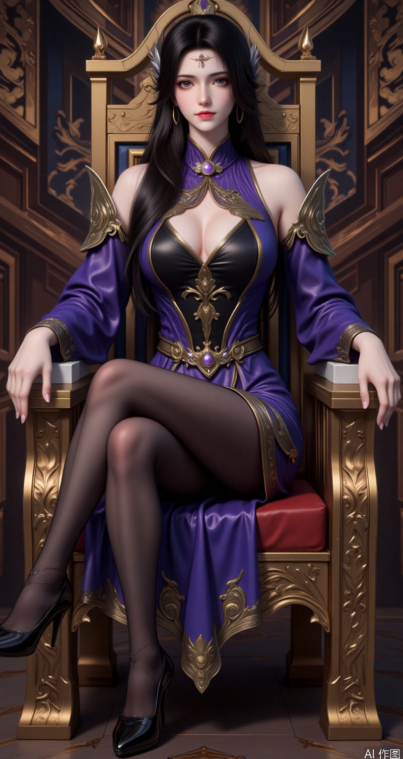 lvjing,xuanyi,1girl, black hair, brown eyes,high heels, long hair, sitting, solo, pantyhose, looking at viewer, black pantyhose, full body, throne, legs, dress, teeth, breasts