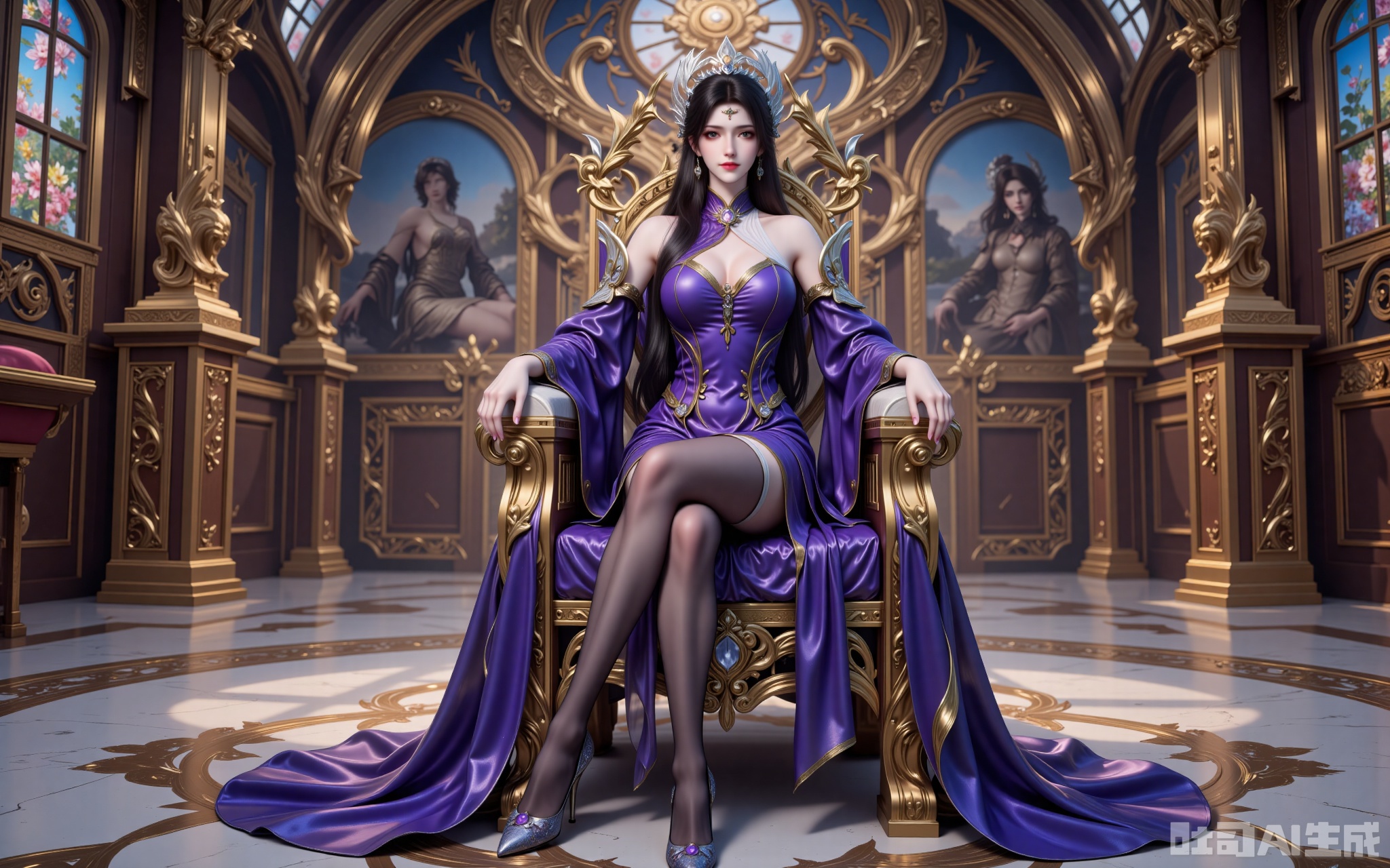 In the gilded hall, sunlight streams through stained glass, crowning Xuan Yi in a celestial glow. Seated upon a flower-entwined throne, her opulent gown cascades like liquid midnight, sculpting curves that defy mortal grace. Carmine lips part slightly beneath amethyst-shadowed eyes, while the bejeweled phoenix crown sways with her every breath.

She crosses her sheer-clad legs, the gem-encrusted stilettos at her feet scattering prismatic light across the marble. Shot from a reverent low angle, the composition frames her against a vaulted ceiling fresco—a living masterpiece where power and allure intertwine. This is not mere royalty; it's a visual coronation of dominance.
earrings,jewelry,xuanyi,black hair,brown eyes,red_lips_,hair_ornament,fair_skin,long hair,
lvjing,lvjing,